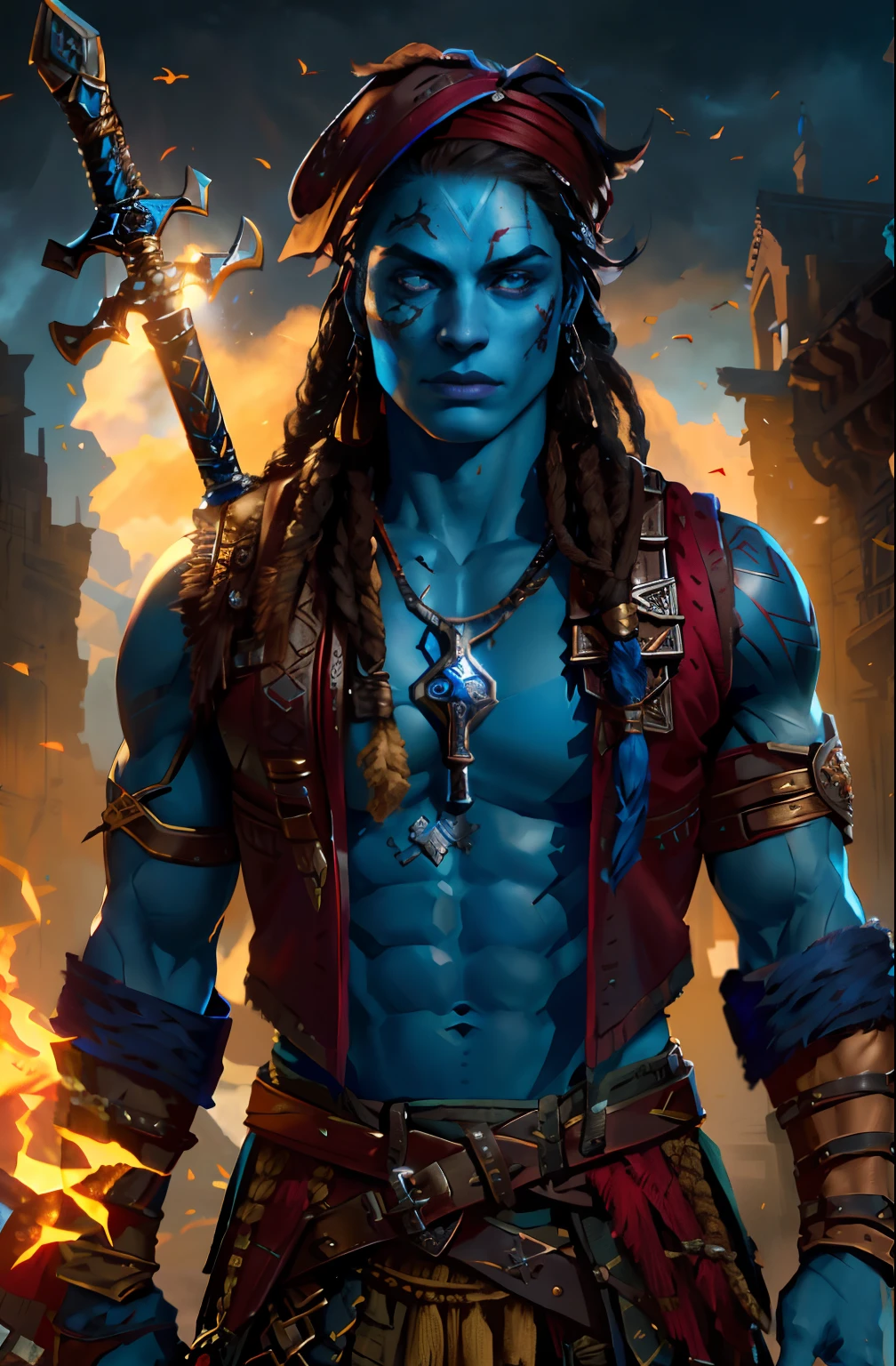 fantasy, Muscular young man with a sword on his back, blue skin and blue face, red vest, Leather Bracers, Compass around the neck, Dark Pirate Dreadlocks, dark tattoo on the face, brown eye, Red armband in dreadlocks, highly detailed vfx portrait of, dark fantasy mixed with realism, Photos in RAW and 35mm format, Rich, Deep Colours, (intricate details:0.9), (HDR, hyper-detailing:1.2), (natural skin textures, hyper realisitc, soft light, Sharp),