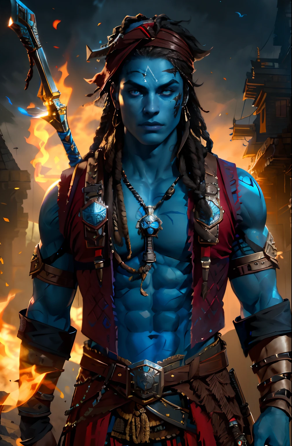 fantasy, Muscular young man with a sword on his back, blue skin and blue face, red vest, Leather Bracers, Compass around the neck, Dark Pirate Dreadlocks, dark tattoo on the face, brown eye, Red armband in dreadlocks, highly detailed vfx portrait of, dark fantasy mixed with realism, Photos in RAW and 35mm format, Rich, Deep Colours, (intricate details:0.9), (HDR, hyper-detailing:1.2), (natural skin textures, hyper realisitc, soft light, Sharp),