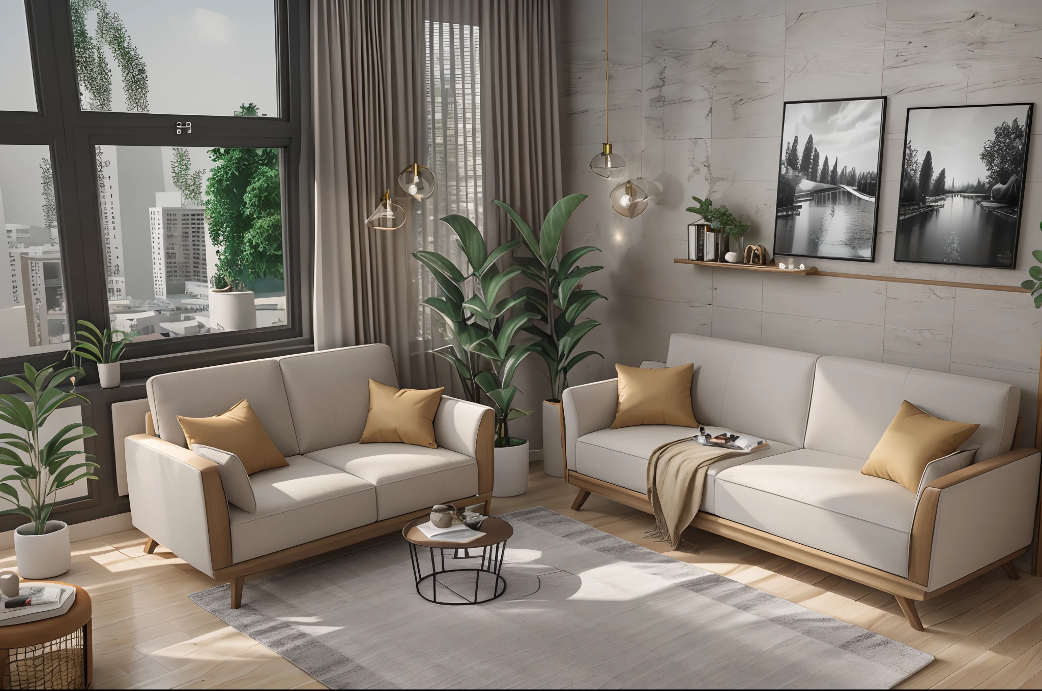 Interior design scene, bedroom modern , arafed mattress, sofa, 3D rendering scene, plant decoration, realism, high quality, 8K, real details