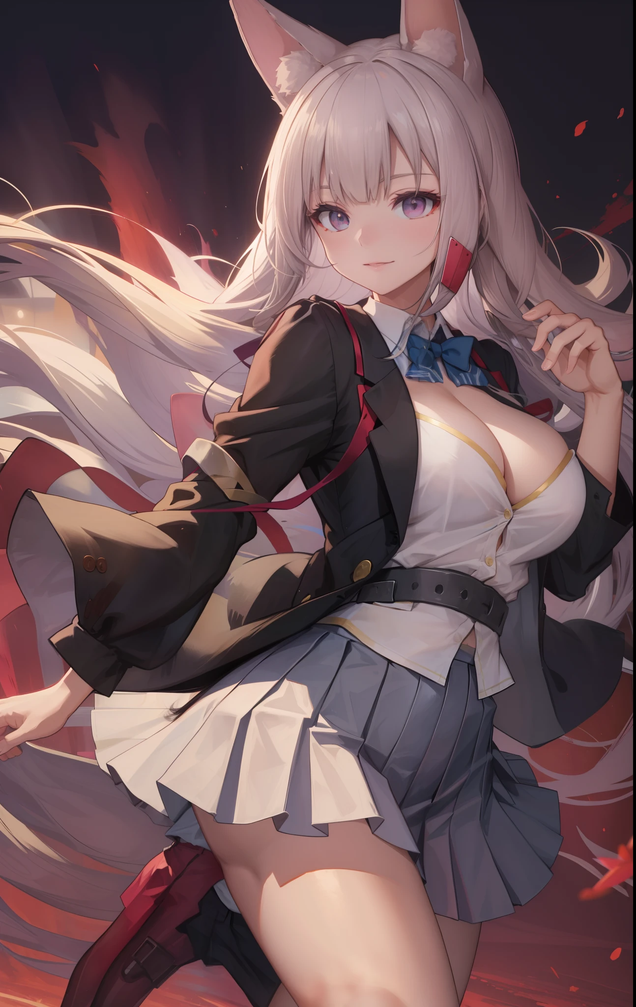 Long sleeves, Pleated skirt, School uniform, Shirt, Skirt, sleeves rolled up, White shirt, cleavage,dynamicposes