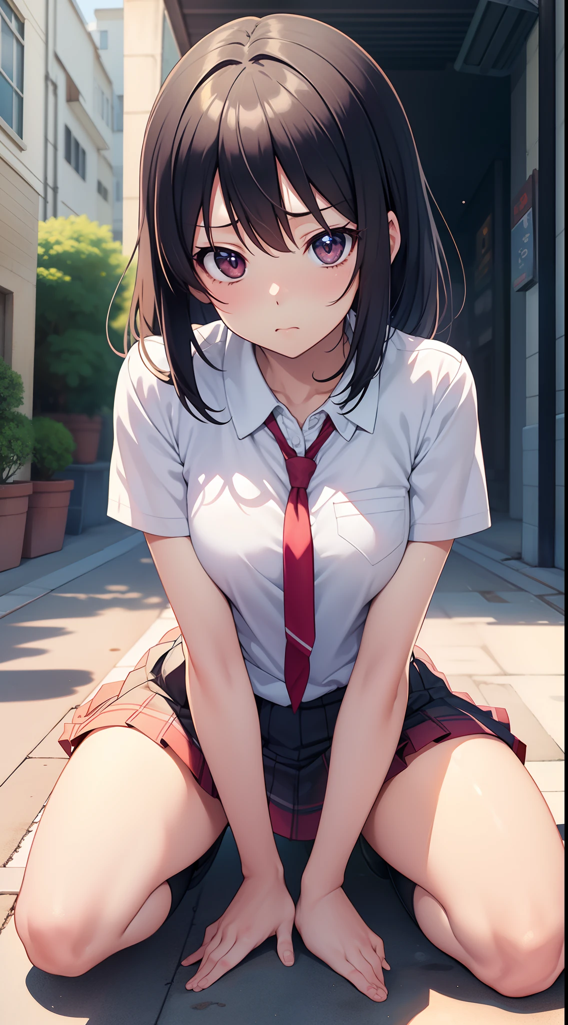 masutepiece、hight resolution、1girl in、hi-school girl、a miniskirt、Angle from the front、Sit with your knees on the ground、Looking at the camera、Shameful face、Cute anime illustration、
