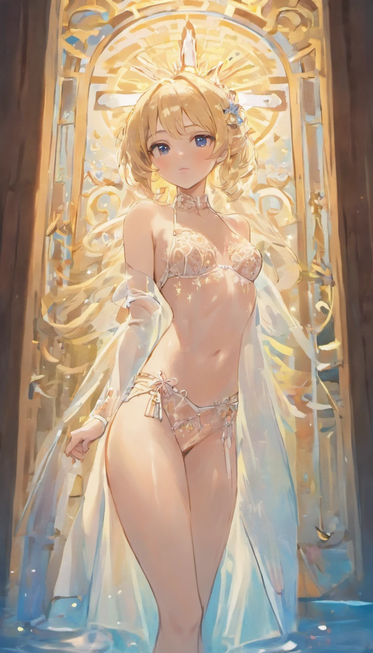 In the ethereal glow of a moonlit night, behold a scene that transcends time itself. A beautiful girl, aged 22, graces the room with her presence. She possesses a flawless countenance, her lush body a masterpiece of delicate curves and tender contours. Her skin, as pristine as freshly fallen snow, glistens with a hint of moisture, an enchanting whisper of her recent encounter with water. She exudes the very essence of Brazil's beauty, embodying the allure of a distant paradise. Her form is a symphony of details, each one carefully woven into the tapestry of her being. She stands, half-naked, a testament to her confidence and the exquisite beauty she embraces. Her soft buttocks and slender hips are presented with a grace that invites admiration. Transparent and seductive white lingerie, adorned with intricate princess threads, embraces her figure like a second skin. A garter belt adds a touch of allure, a whisper of secrets hidden beneath layers of fabric. The scene unfolds within the confines of a pink-hued sanctuary, a bedroom that reflects the very essence of femininity. Soft, diffused light dances upon the surfaces, casting an enchanting spell that mingles with the aura of the room. The delicate balance of innocence and sensuality is achieved, creating a tableau that is as emotional as it is poetic