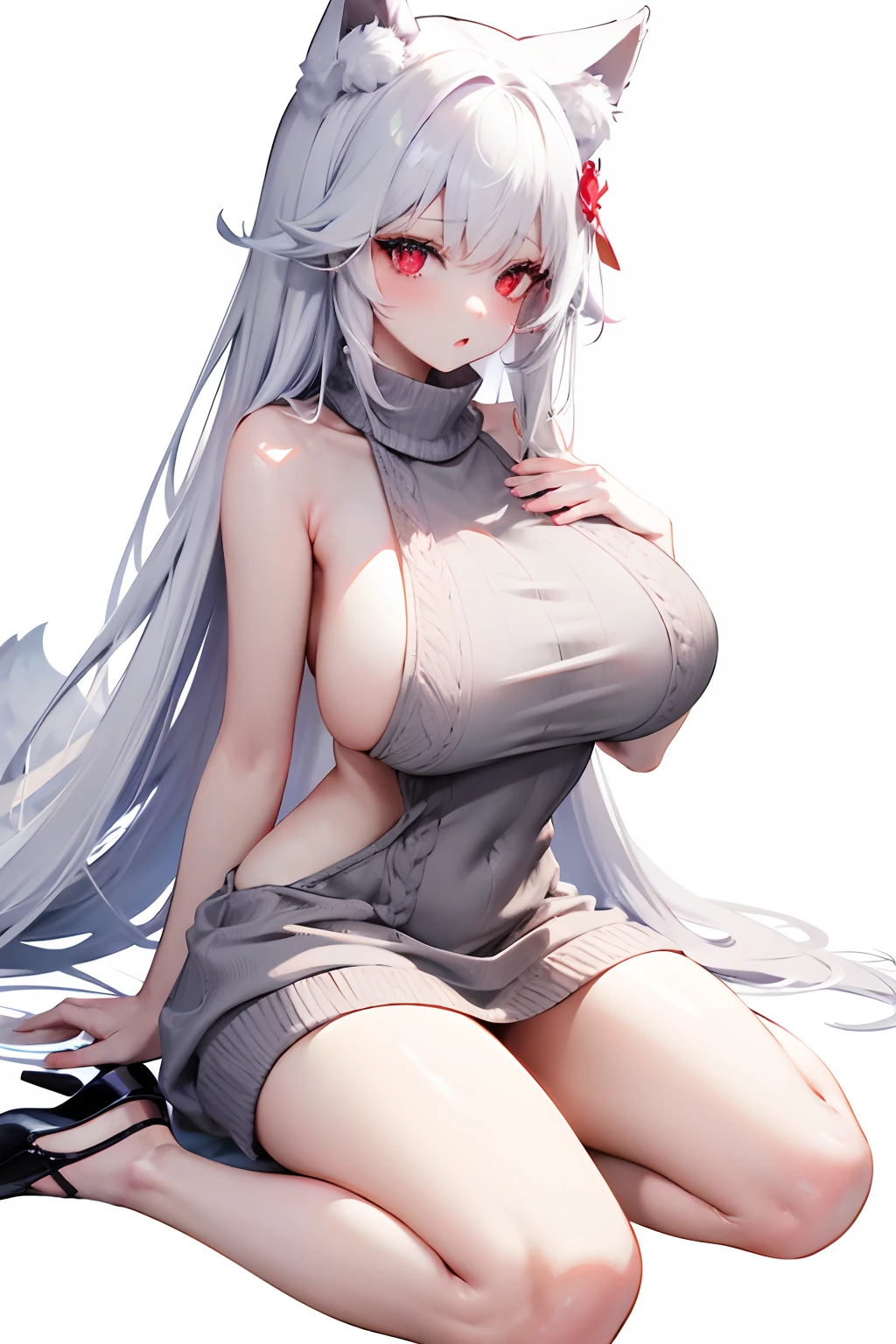 virgin killer sweater, 1girl, breasts, solo, meme attire, hight heels, long hair, :o, blush, looking at viewer, white background, simple background, red eyes, white hair, wolf ears, hair, dress, grey sweater, open mouth, bangs, large breasts, massive breast, mature female, mole under eyes, full body, bare shoulders,