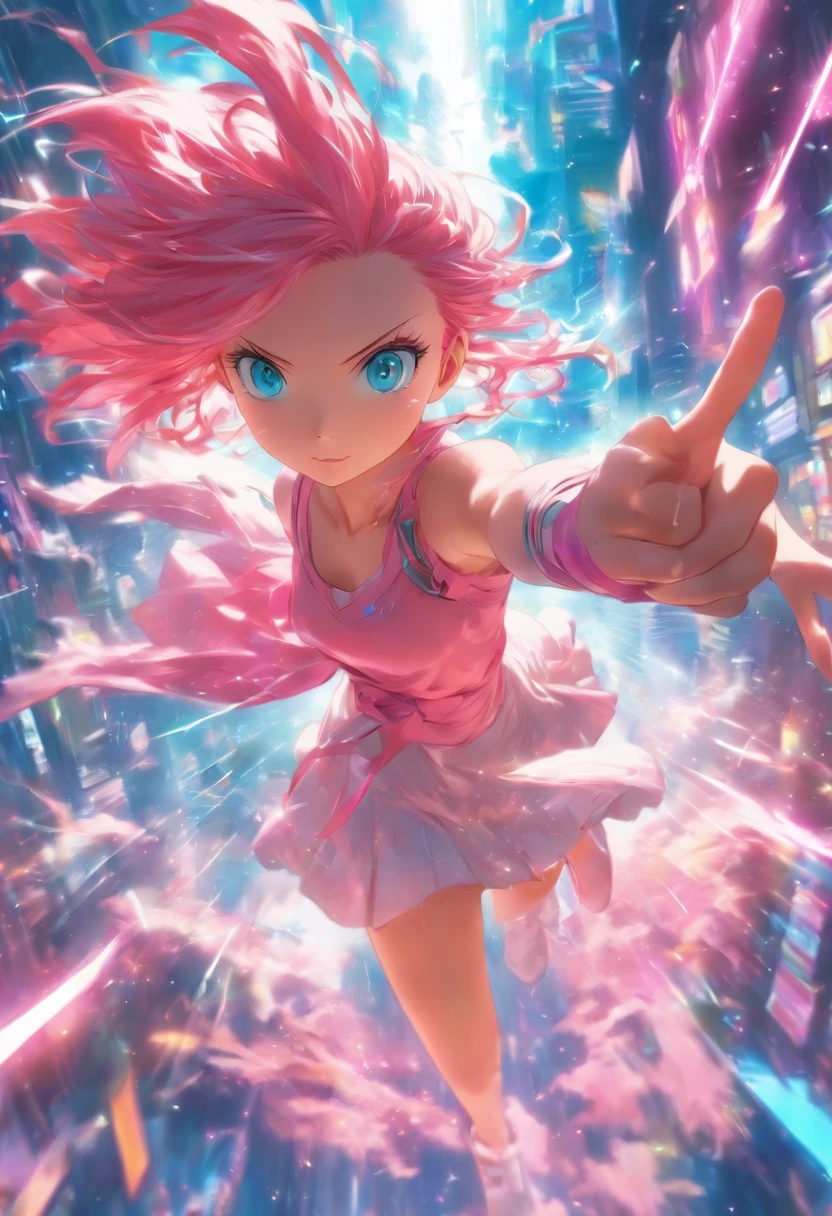 foreshortening,  depth of fields, Master parts, Best quality, 1girll, Pink hair, teal eyes,  medium hair, floatking,Pink rays, soio, looki at viewer,pinkdress, flight,  Dim sunlight,