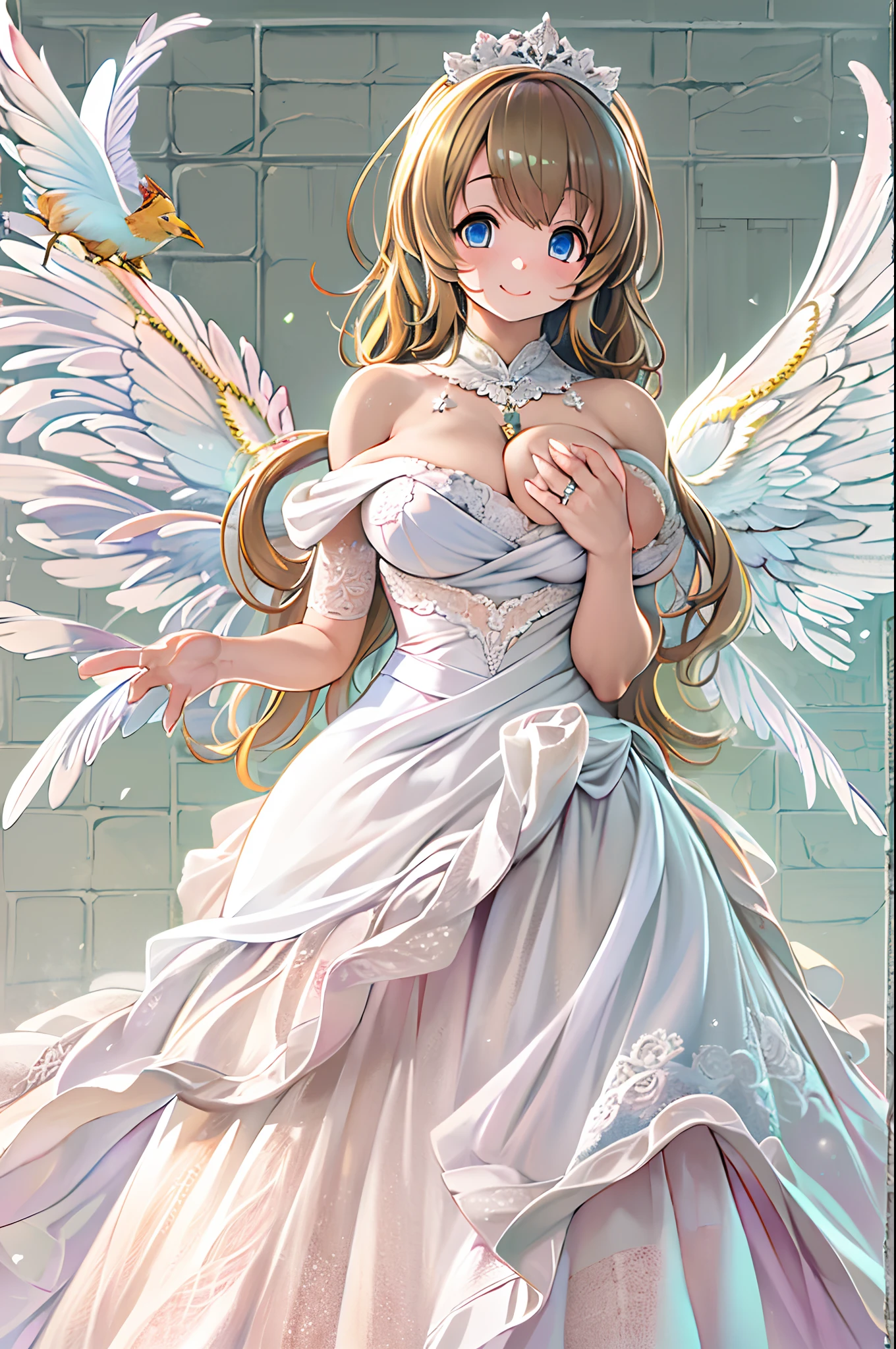 High resolution, Best Quality, masutepiece, Ultra high definition, Ultra high definition, A hyper-realistic, 。.3D, Anime, Illustration, Solo, Very beautiful and cute woman in her 20s, wearing wedding dress、Flapping wings, Her hair is moving, Full body, Great perfect proportions, Glossy light brown medium hair, High layer cut, Bora hairstyle, Bright blue eyes, huge smile、Show me your wedding ring
