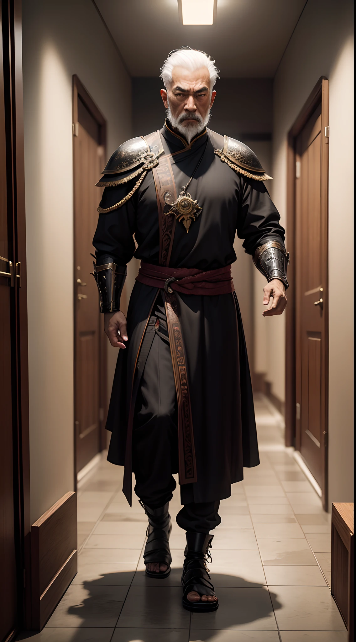 Realistic 8k image of a 60 year old oriental man dressed in a black RPG warrior style cleric costume, serious expression, standing in a hallway of an orphanage, anime style art