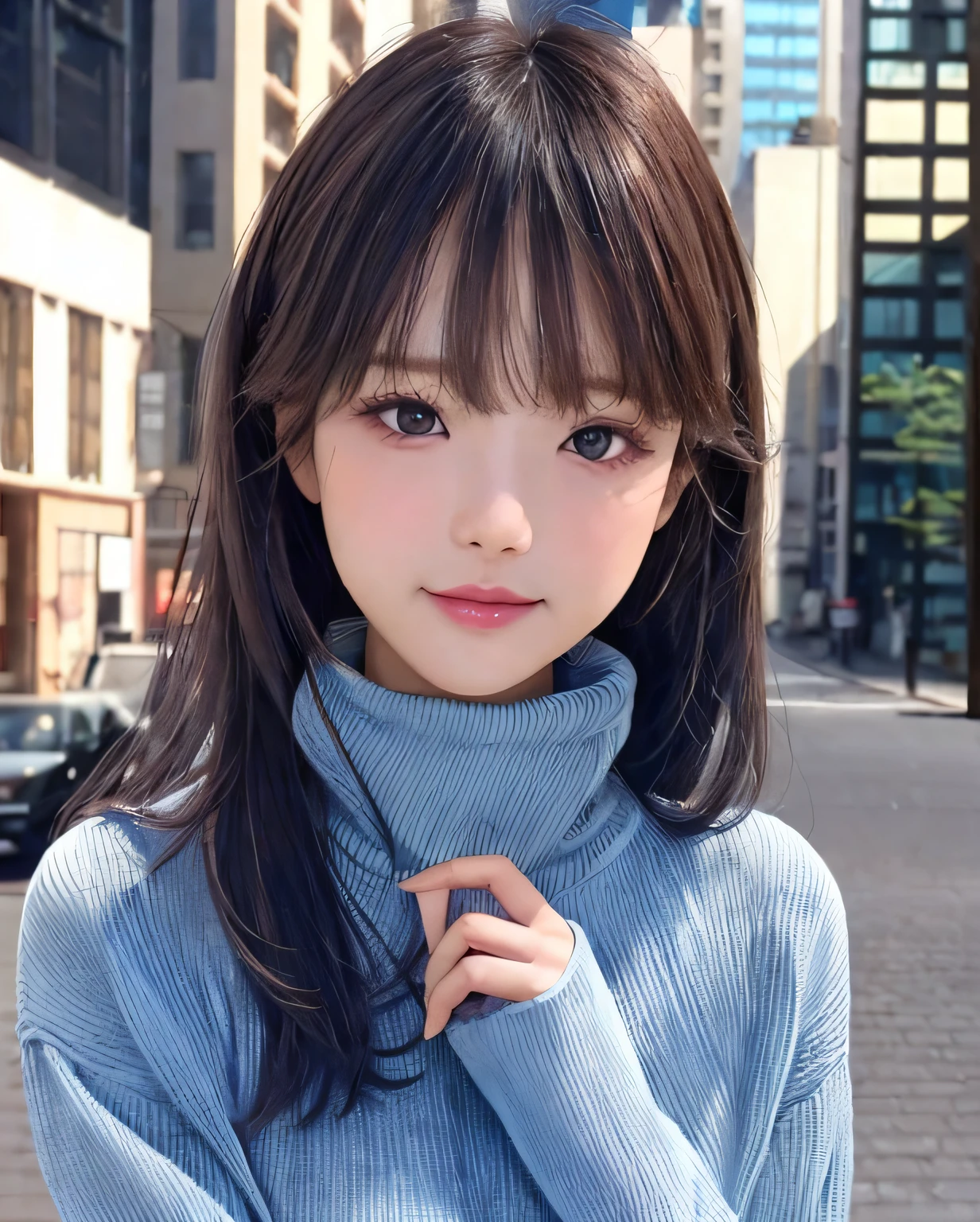 pureerosface_v1, best quality, photorealistic, 8k, high res, 1girl, woman, (skindentation), (portrait:0.6), ((cityscapebackground:2)) , ((smallsize round breast, highneck sweater:1.7)), straight-looking at viewer:1.8, (1girl eyes looking at viewer:1.45, medium-length hair, blackhair, partedbangs:1.45), photorealistic, (bokeh),