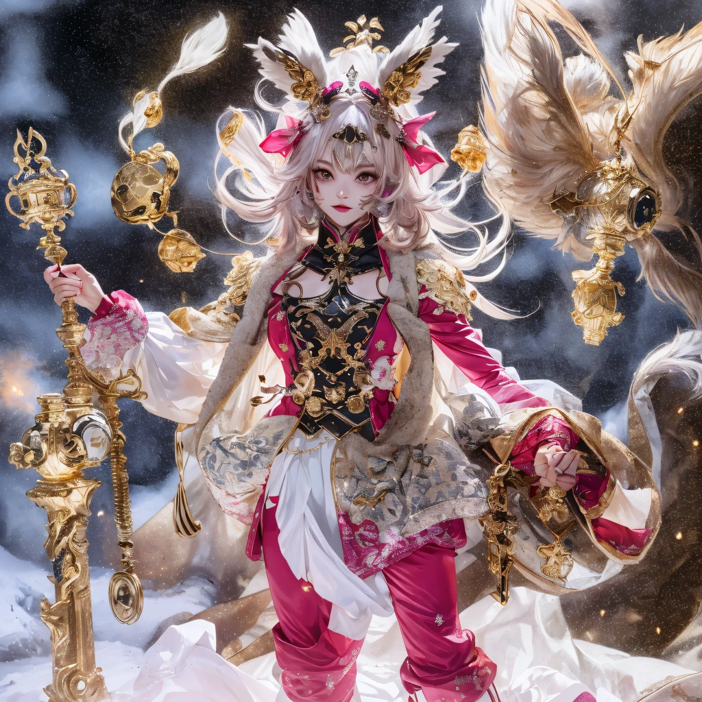 32K,,tmasterpiece, Better quality, Still photography,National wind circle,Flying Nine-Tailed Fat Skull Flame Ethereal Toad Star,Gold black brocade white rabbit hair chest protector,Fuchsia pink diamond tulle burgundy diamond shin guards,Fat woman space squat 1 in the snow:900 miniatures,Front view,Pure transparency,Wear boxing gloves,Ice is permeable to gas,Film light and shadow,Panorama ultra-wide angle,extremely happy,The texture of the real person is delicate,Strong visual impact,hyper-detailing,Dream girl,Refined face,prettyeyes,high saturated,Wear reflective sunglasses with thick gold wire,crystal-clear,Good sense of perspective,Light and shadow effects,16K smooth,Low light on the surface