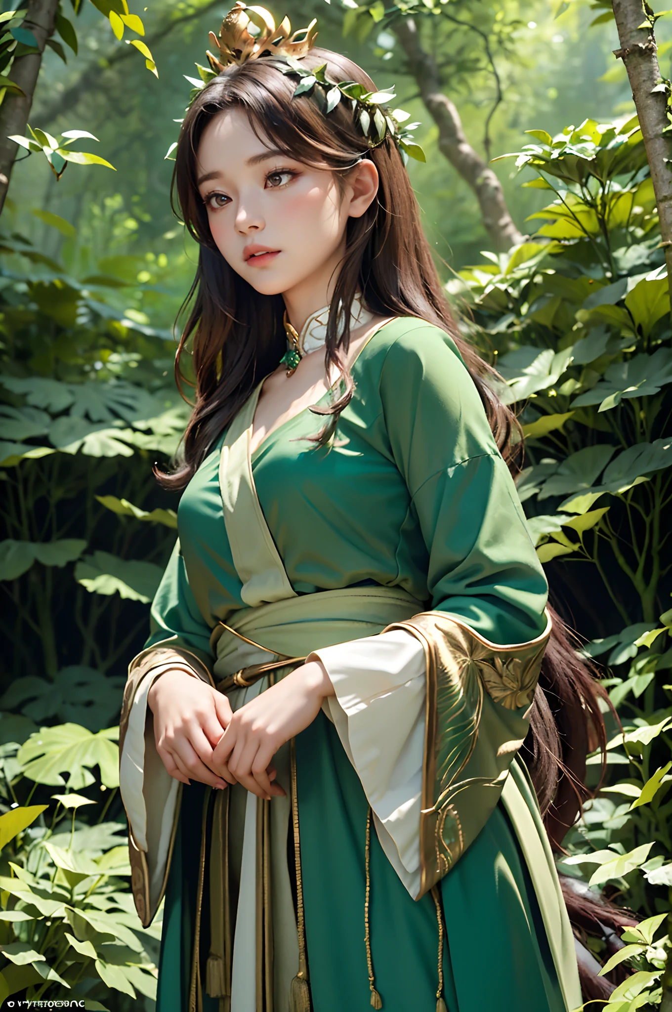 "A youthful female character named Liora, who has a bright and lively demeanor, wakes up in a lush forest, lying on her back in a bed of soft grass. Liora, with her short, practical hair and androgynous, boyish appearance, is dressed in a long-sleeved, light green tunic and knee-length shorts. She props herself up on one arm, her expression filled with surprise and confusion as she looks around, trying to understand her surroundings. The background is a blur of trees and foliage, focusing on Liora’s reaction and the soft grass beneath her."