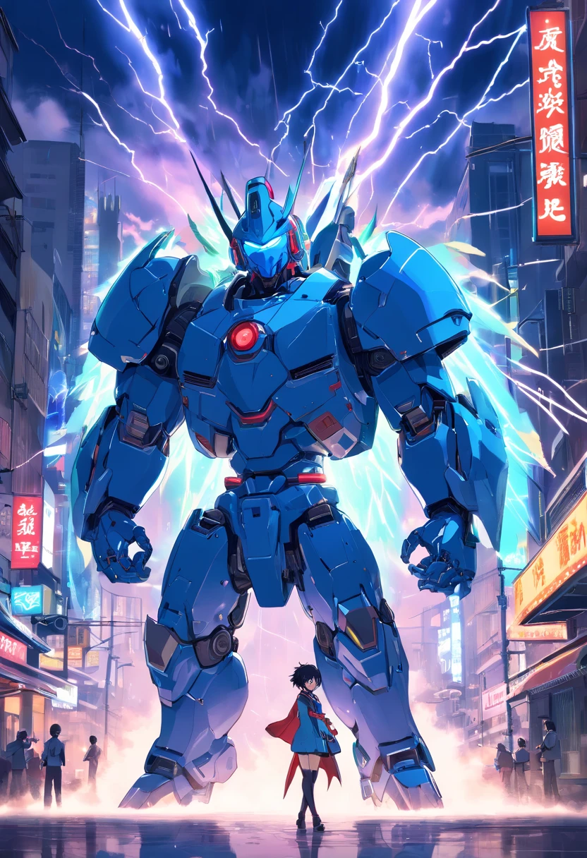 Blue Ghost Hunter, (gigante: 1.6), super legal Ghost Killer, wearing blue mechanical armor, surrounded by lightning, segurando espada samurai, Standing in front, super detalhado, Realistic, reluzente, Reflexivo, bio luminescente, Galaxy Control Mask, mechas, (Carrasco enforcado:1.2), cabo, SH4G0D, Runas brilhantes_vermelho, corpo inteiro, filme, fundo escuro, luz de fundo, alto contraste, Advanced Metropolis