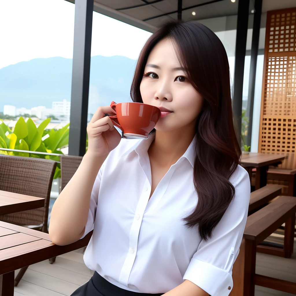 Thai office lady 30-year-old, fair skinned, drinking coffee solo,Women,(Look away.),red face,(Sit in an outdoor café), (Wear casual clothes.), asian, (Slim figure), beste-Qualit, ultra-high resolution, (Realistic), (Face and eye details)