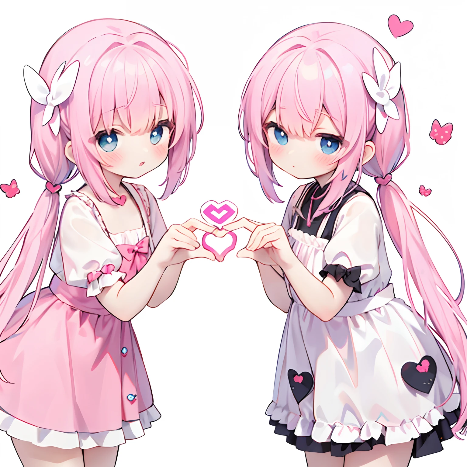 Making a heart with both hands、The on the right is a pink twintail、The child on the left is short