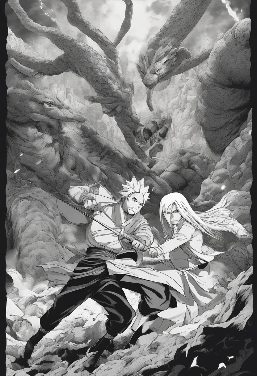 Design a dynamic tapestry showcasing a fierce battle scene in classic black and white manga style. Capture Naruto and an antagonist locked in a high-stakes clash, ready to unleash their powers