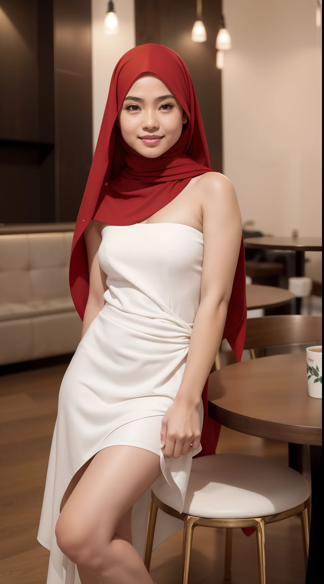 Malay girl with red hijab standing in hipster cafe, happy, smiling, nighttime, wearing white Floral Ruched Strapless short dress, white high sneakers,  professional lighting, blur background, cool ambient, bokeh, small breast, small waist, small head, skin spots, acnes, skin blemishes, short petite body, wide hips, thick thighs, long leg, thick leg, sexy pose, bright lighting, mole below eyes, skin spots, acnes, skin blemishes, age spot, detail skin texture, skin detail, skin wrinkle detail, dark brown skin, gold necklace, 4k, high quality, ultra detail,