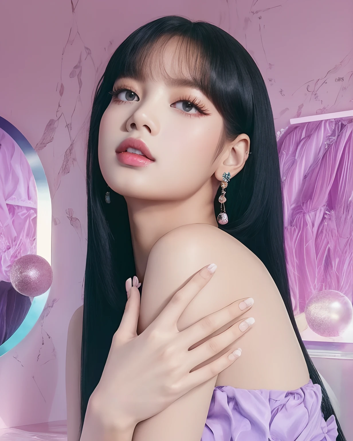 A close-up of a woman with long black hair in a purple dress, Lalisa Manobal, Lalisa Manoban de Blackpink, Retrato de Jossi de Blackpink, Jinyoung Shin, maquillaje popular de Corea del Sur, Retrato Jisoo Blackpink, con flequillo completo, maquillaje coreano popular, Sun Yunjoo, con flequillo, Ella tiene el pelo negro con flequillo, Blackpink Jennie