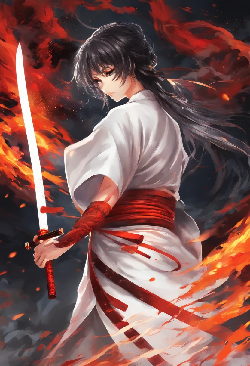 burning katana,white clothes tinged with red,aggressive stance,dark and dramatic lighting,vibrant colors,strong and intense brushstrokes,fiery atmosphere,masterpiece:1.2,ultra-detailed,realistic,horror,red and orange color palette,sharp focus,twisted and swirling smoke,menacing aura