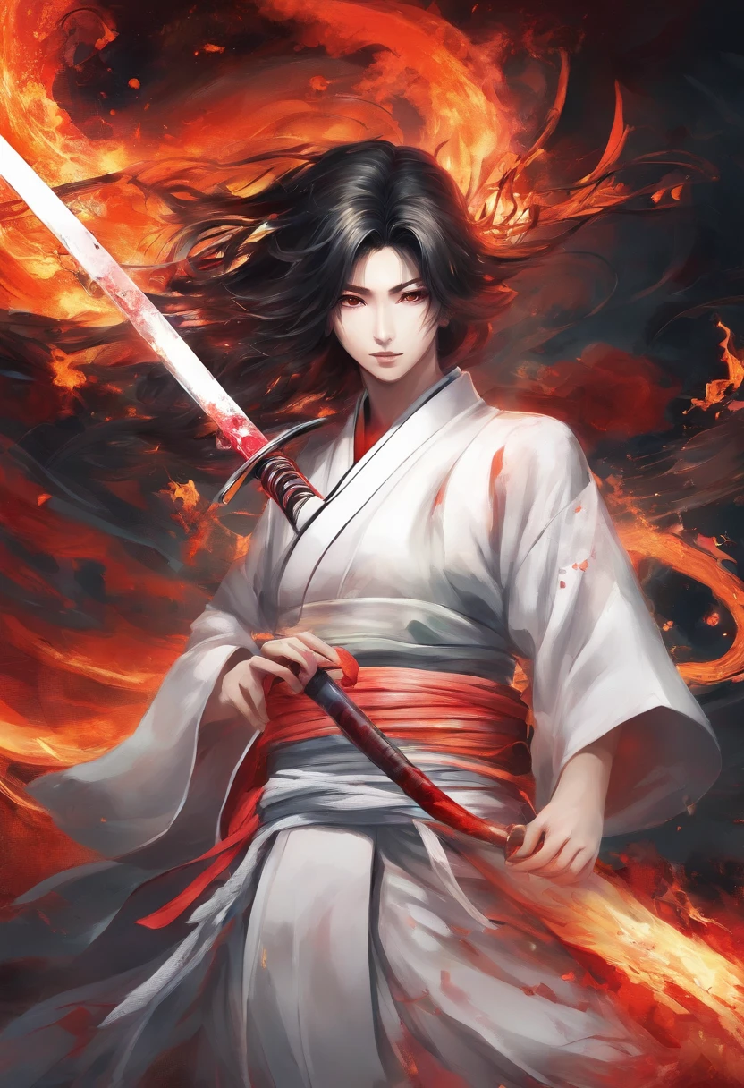 burning katana,white clothes tinged with red,aggressive stance,dark and dramatic lighting,vibrant colors,strong and intense brushstrokes,fiery atmosphere,masterpiece:1.2,ultra-detailed,realistic,horror,red and orange color palette,sharp focus,twisted and swirling smoke,menacing aura