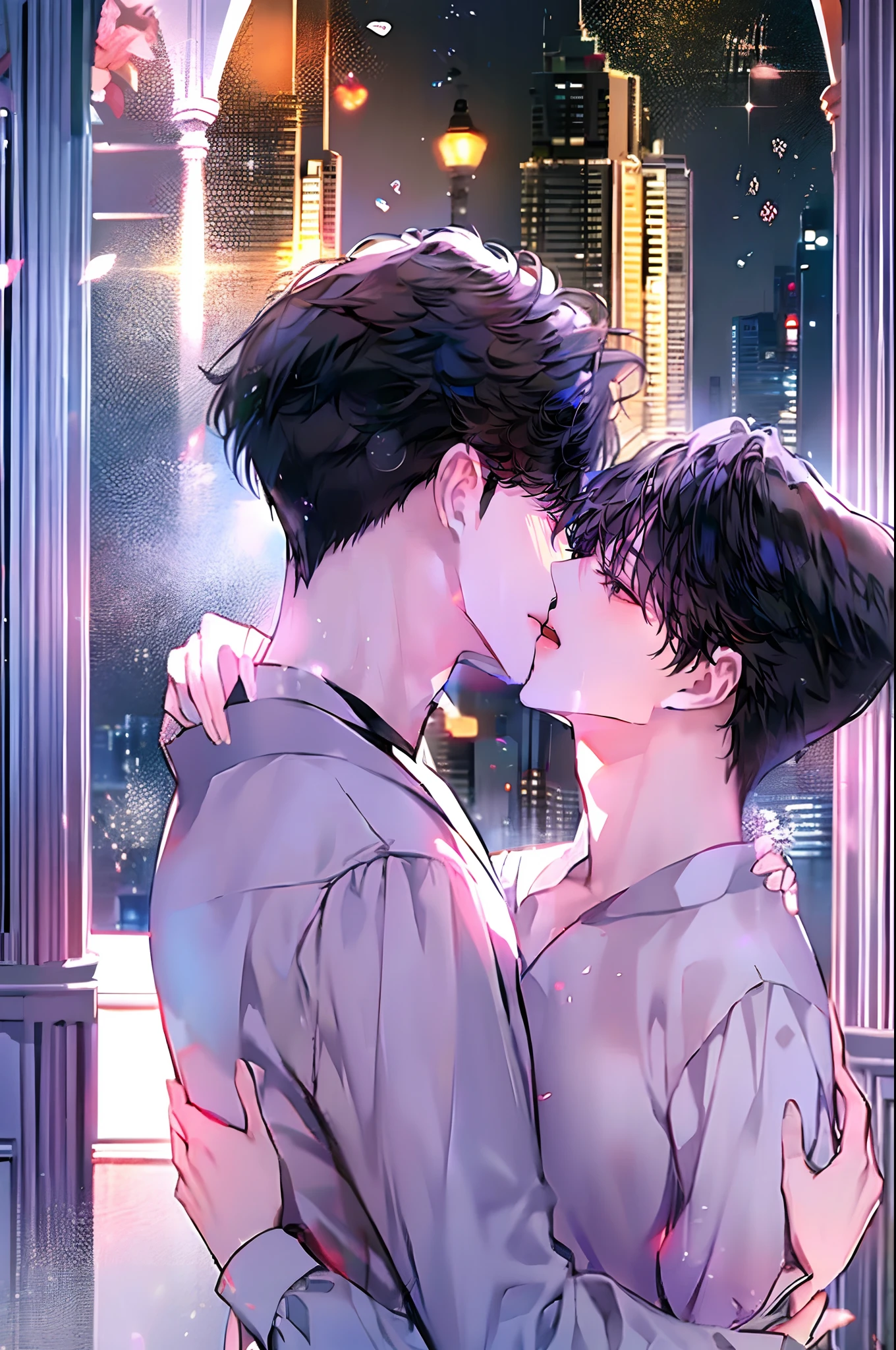 (4K works))、masterpiece、(top-quality)、Korean couple、((Male couple))、Kissing each other、the kiss、Kiss while hugging、Happiness、((Short-haired man in white))、((Man with short hair with black hair))、Adult male、Two people making love by the window、Happy memories、lovey-dovey、Happy Photos、Happy dating、((Boys Love))、((Yaoi))