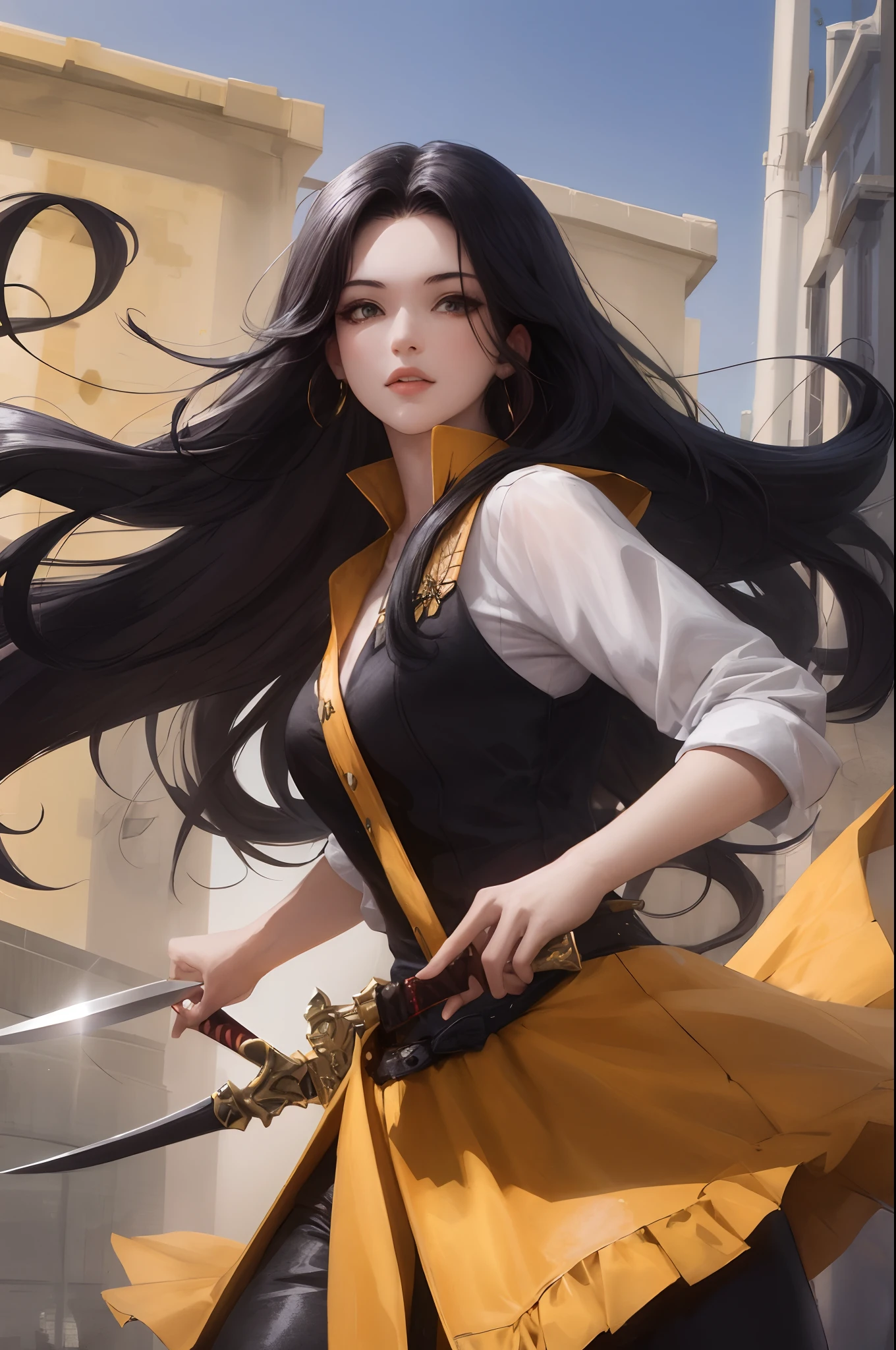 Long black hair girl using two daggers in battle