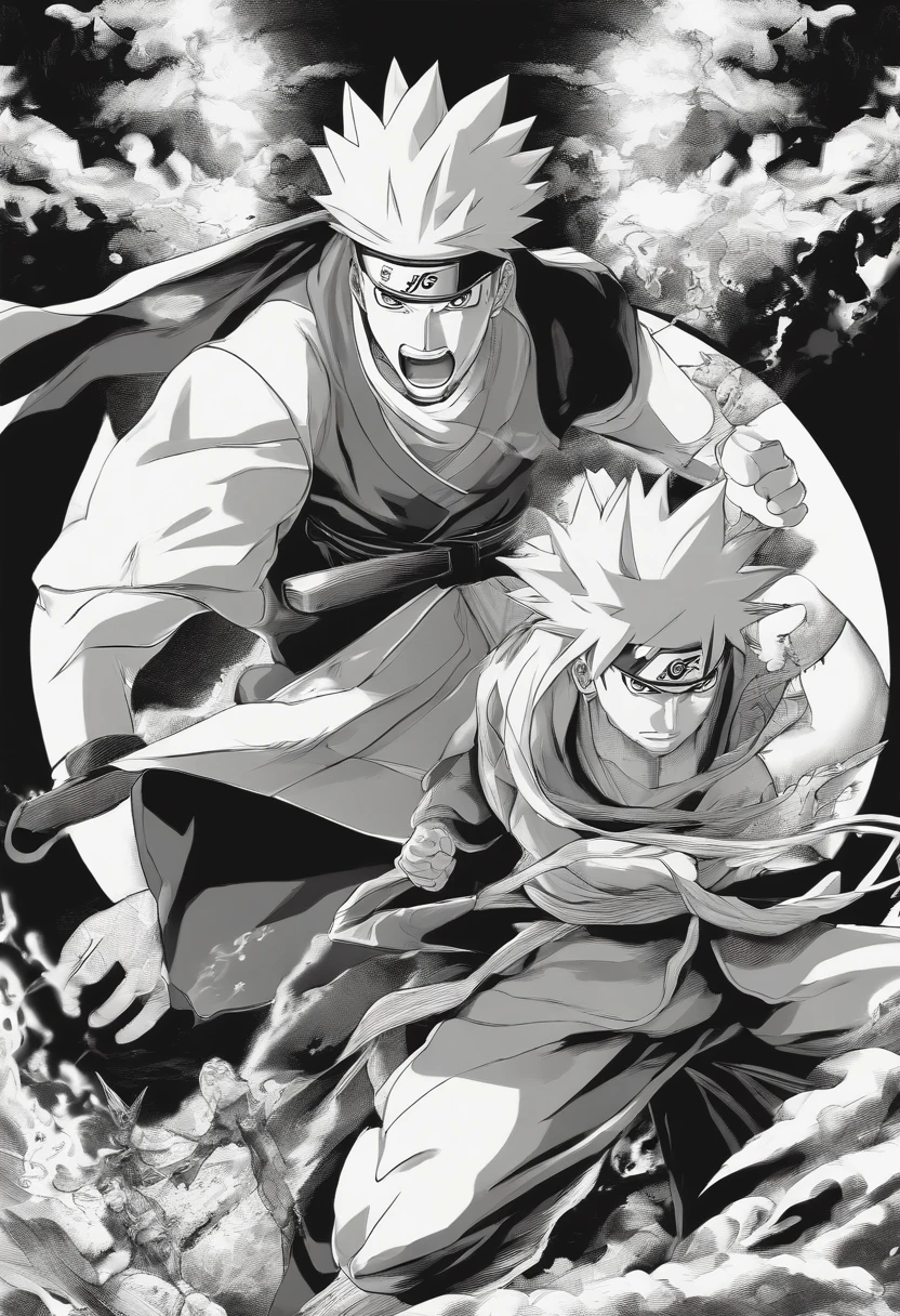 Design a dynamic tapestry showcasing a fierce battle scene in classic black and white manga style. Capture Naruto and an antagonist locked in a high-stakes clash, ready to unleash their powers