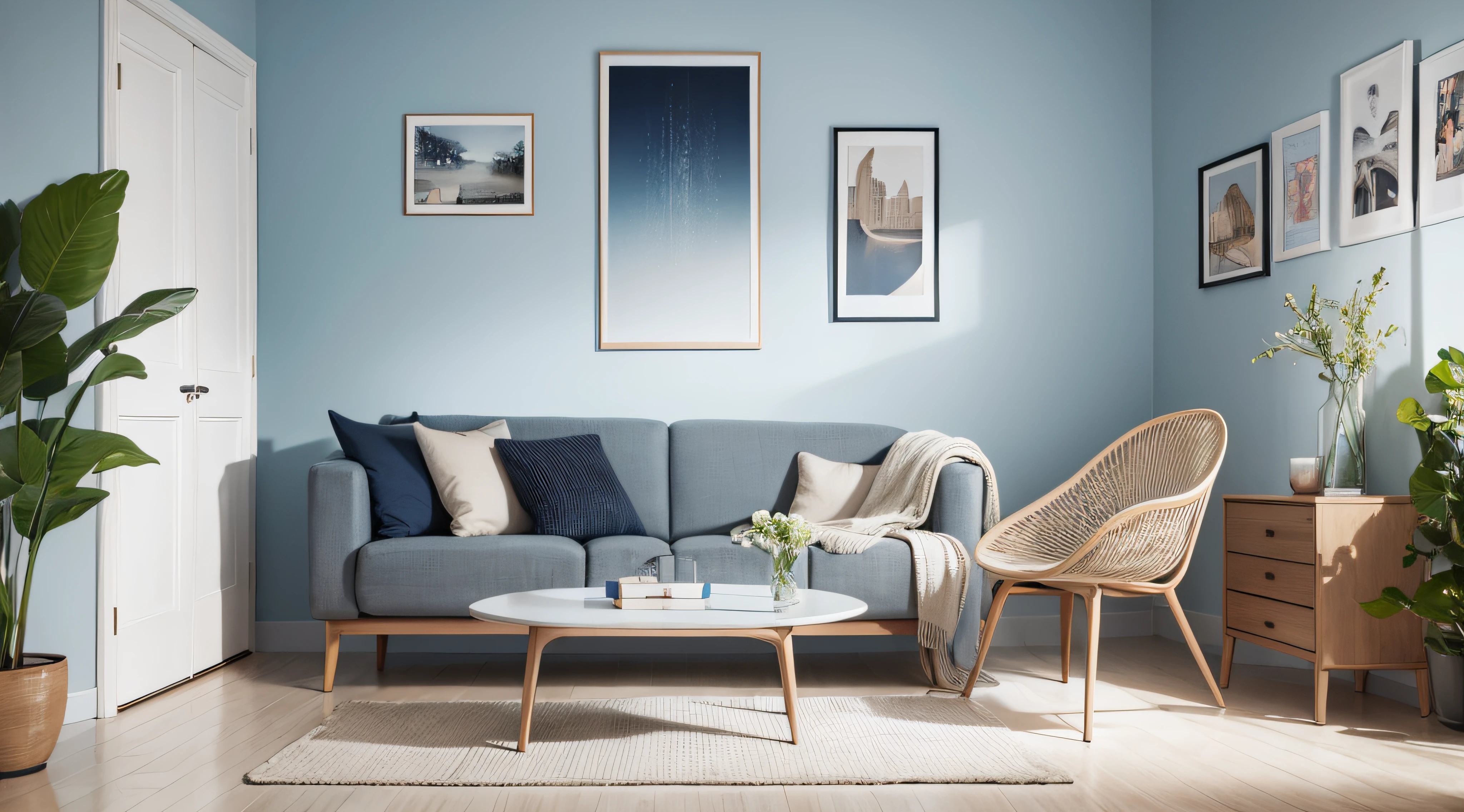 Beige lounge chair with blanket against blue wall with big art poster. Scandinavian home interior design of modern living room.