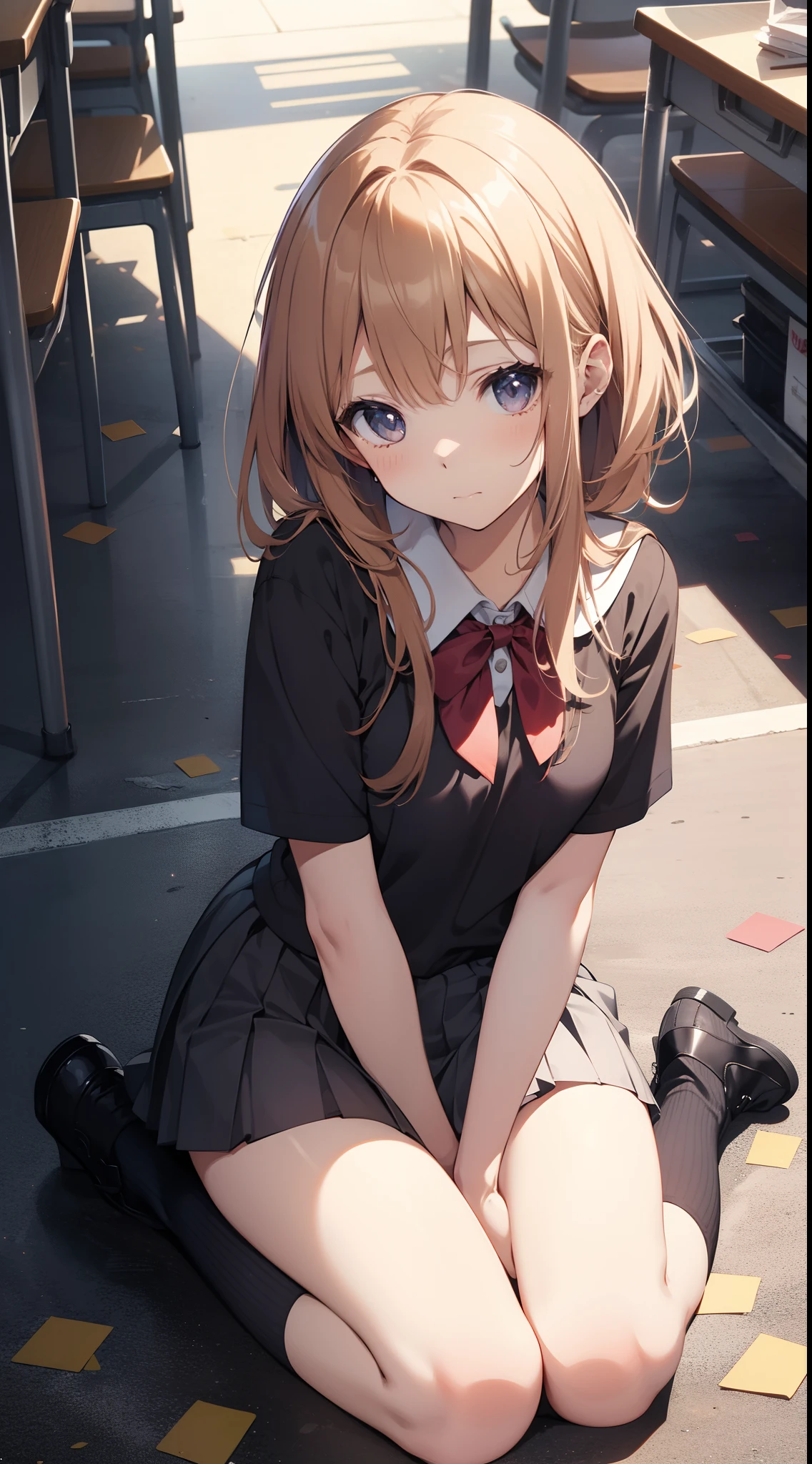masutepiece、hight resolution、1girl in、hi-school girl、a miniskirt、Angle from the front、Sit with your knees on the ground、Looking at the camera、Shameful face、Cute anime illustration、