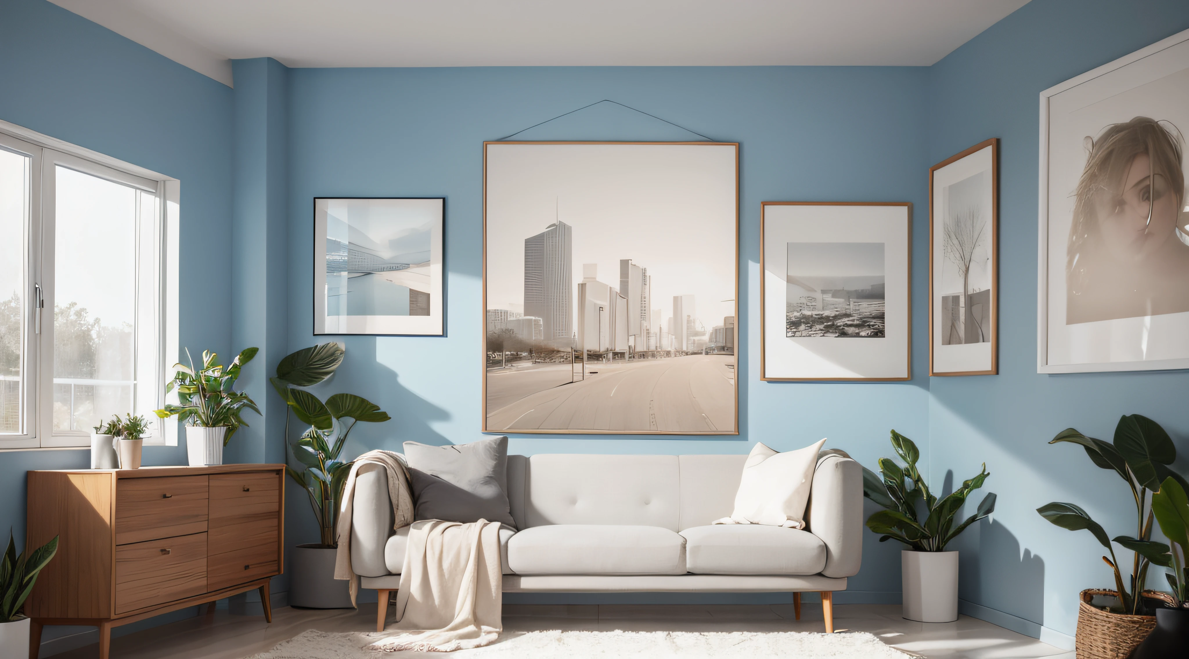 Beige lounge chair with blanket against blue wall with big art poster. Scandinavian home interior design of modern living room.