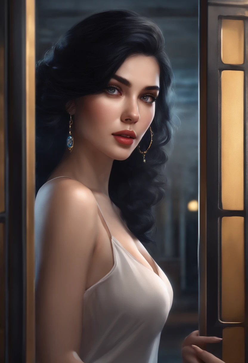 1 woman, Black hair, Blue Pupils, Delicate face, Cute, Love Earrings, barechested, Stand at the entrance of the police station, Playful, Ultra HD, masutepiece, Best Quality, Super Detail, ccurate