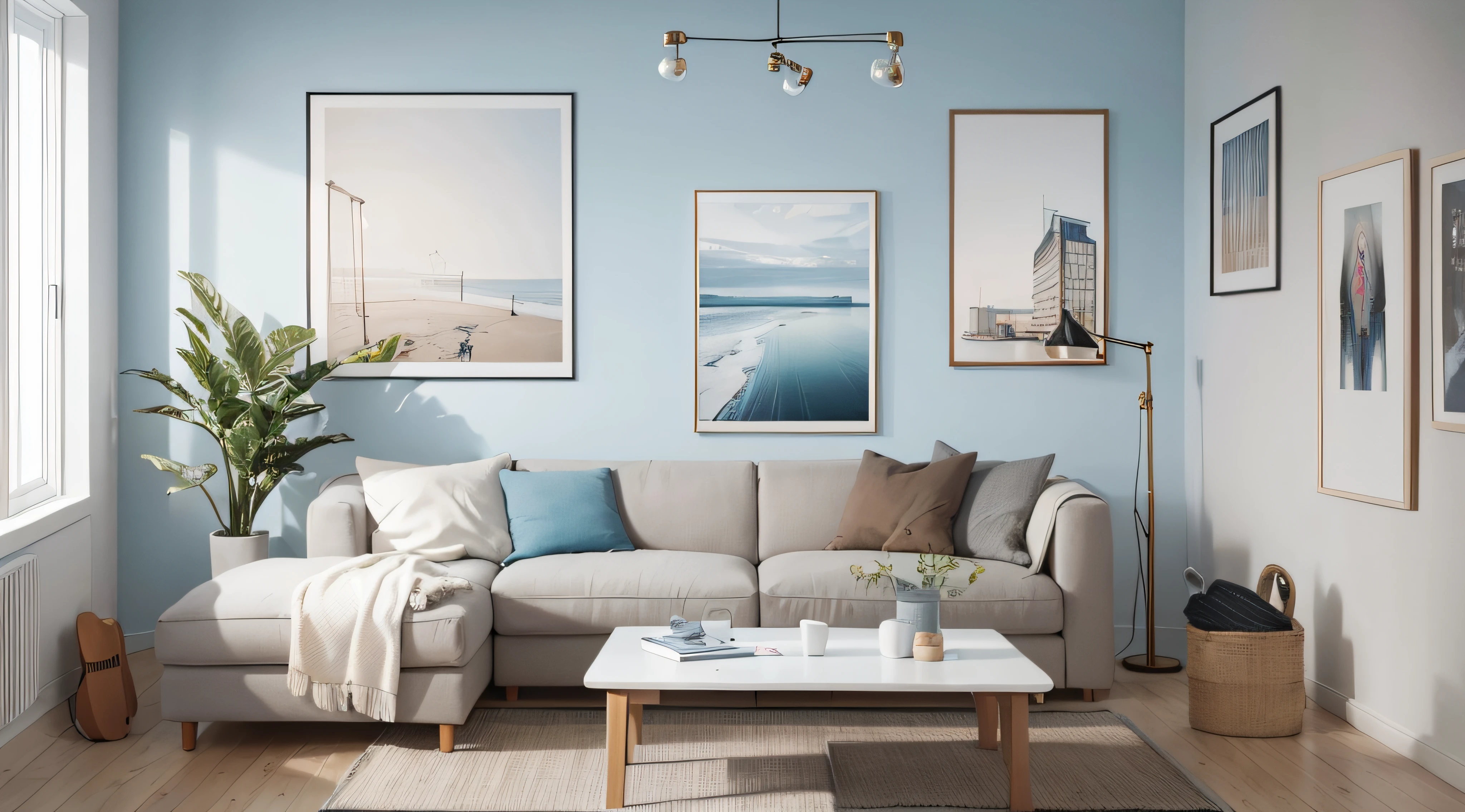 Beige lounge chair with blanket against blue wall with big art poster. Scandinavian home interior design of modern living room.