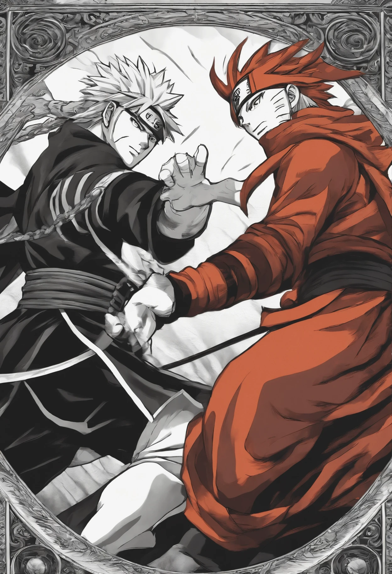 Design a dynamic tapestry showcasing a fierce battle scene in classic black and white manga style. Capture Naruto and an antagonist locked in a high-stakes clash, ready to unleash their powers