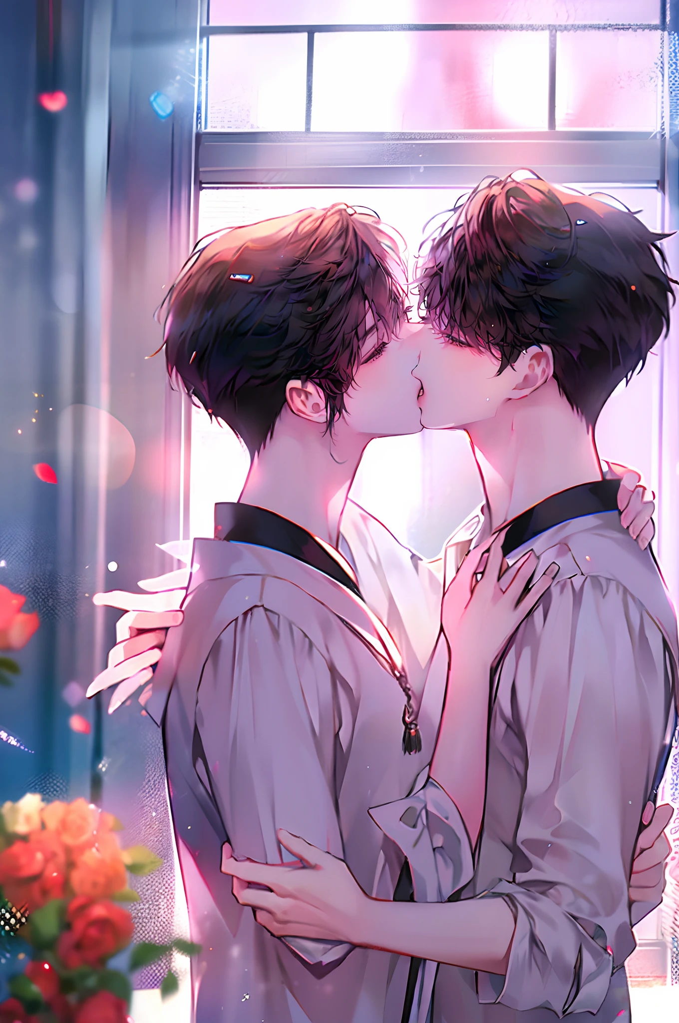 (4K works))、masterpiece、(top-quality)、Korean couple、((Male couple))、Kissing each other、the kiss、Kiss while hugging、Happiness、((Short-haired man in white))、((Man with short black hair))、Adult male、Two people making love by the window、Happy memories、lovey-dovey、Happy Photo、Happy dating、((Boys Love))、((Yaoi))