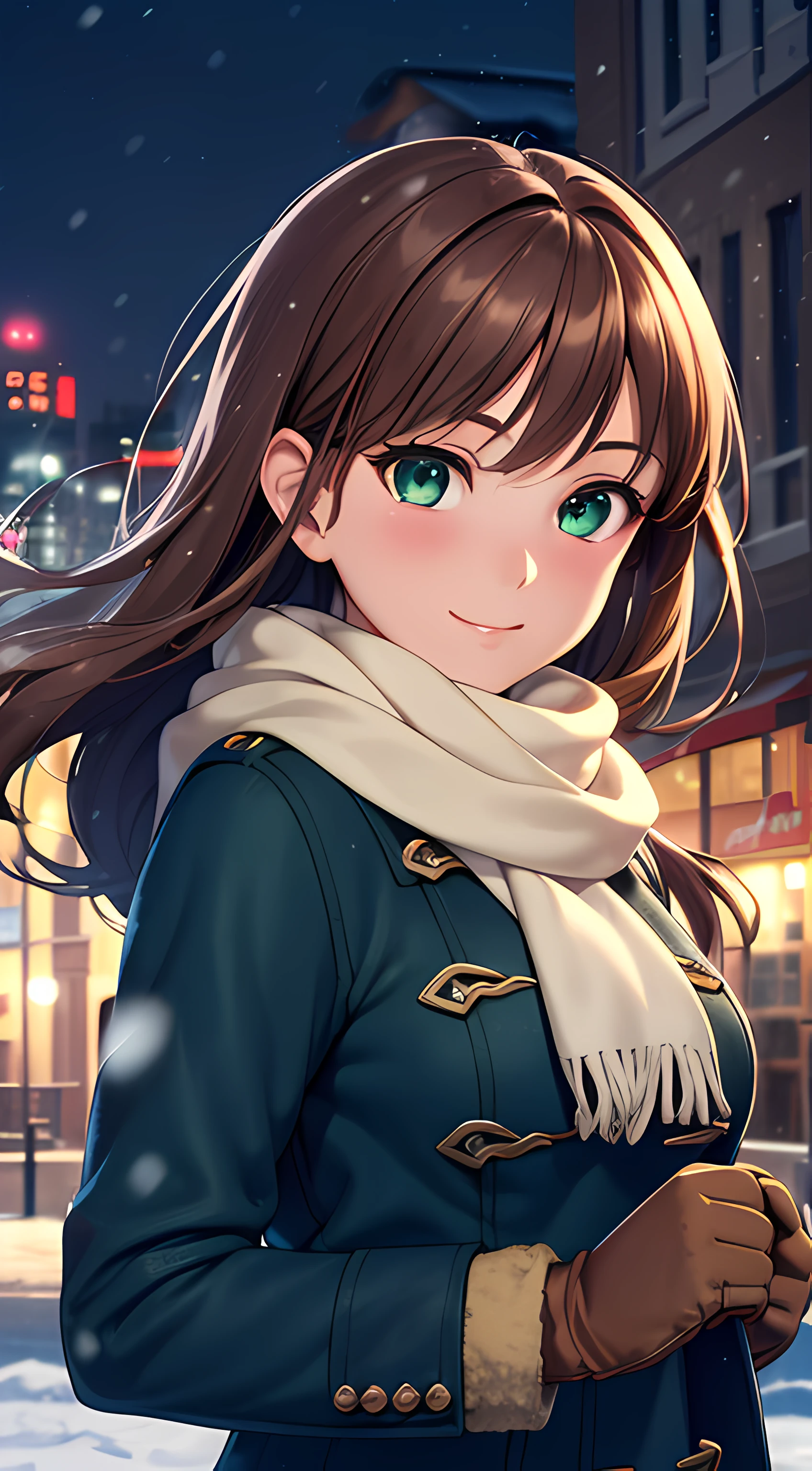 ((masterpiece, best quality, highres, UHD, perfect pixel, depth of field, 4k, RTX, HDR, extremely detailed)), 1girl, single, solo, 24 years old, beautiful anime girl, beautiful art style, anime character, smile, beautiful smile, ((long hair, parted bangs, brown hair)), (green eyes:1.4, rounded eyes, beautiful eyelashes, realistic eyes, deep pupil), (detailed face, blushing:1.2), (smooth texture:0.75, realistic texture:0.65, photorealistic:1.2, cinematic, anime CG style), medium breasts, perfect body, busty, (dynamic angle, POV, close up), ((winter clothes, long coats, mittens, gloves, scarf)), night, city lights, bokeh:1.4, (outdoor, city buildings, crowd), ((winter, snowfall:1.8, the wind blows)), (graceful, prestigious, glorious, elegant)