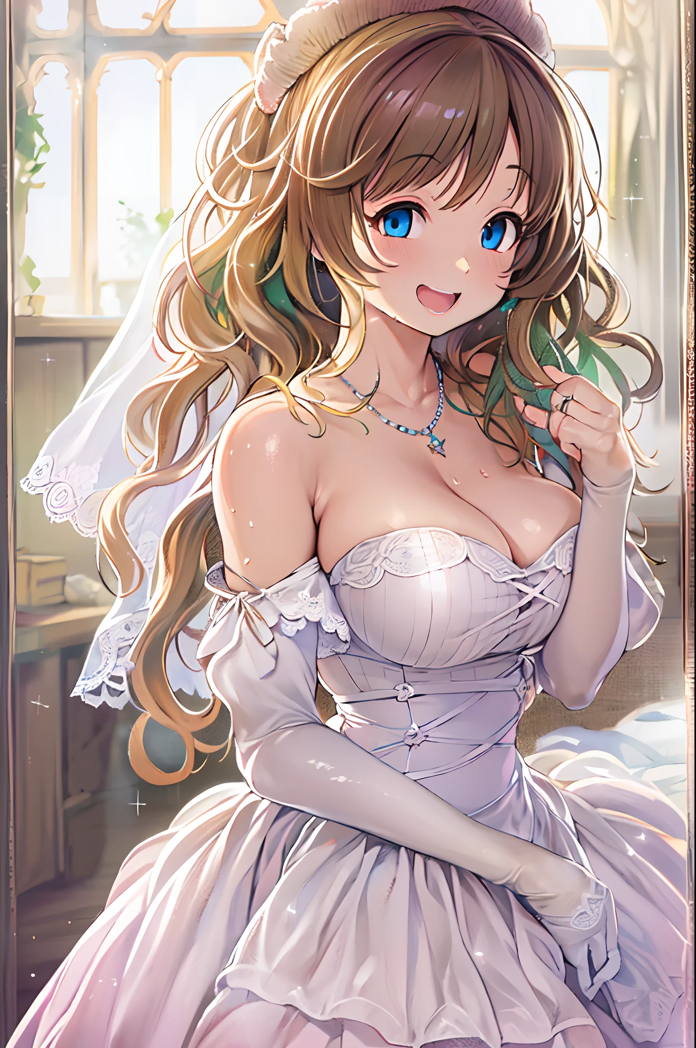 High resolution, Best Quality, masutepiece, Ultra high definition, Ultra high definition, A hyper-realistic, 。.3D, Anime, Illustration, Solo, Very beautiful and cute woman in her 20s, wearing wedding dress、 Her hair is moving, close-up of hand, Great perfect proportions, Glossy light brown medium hair, High layer cut, Bora hairstyle, Bright blue eyes, huge smile、Show me your wedding ring