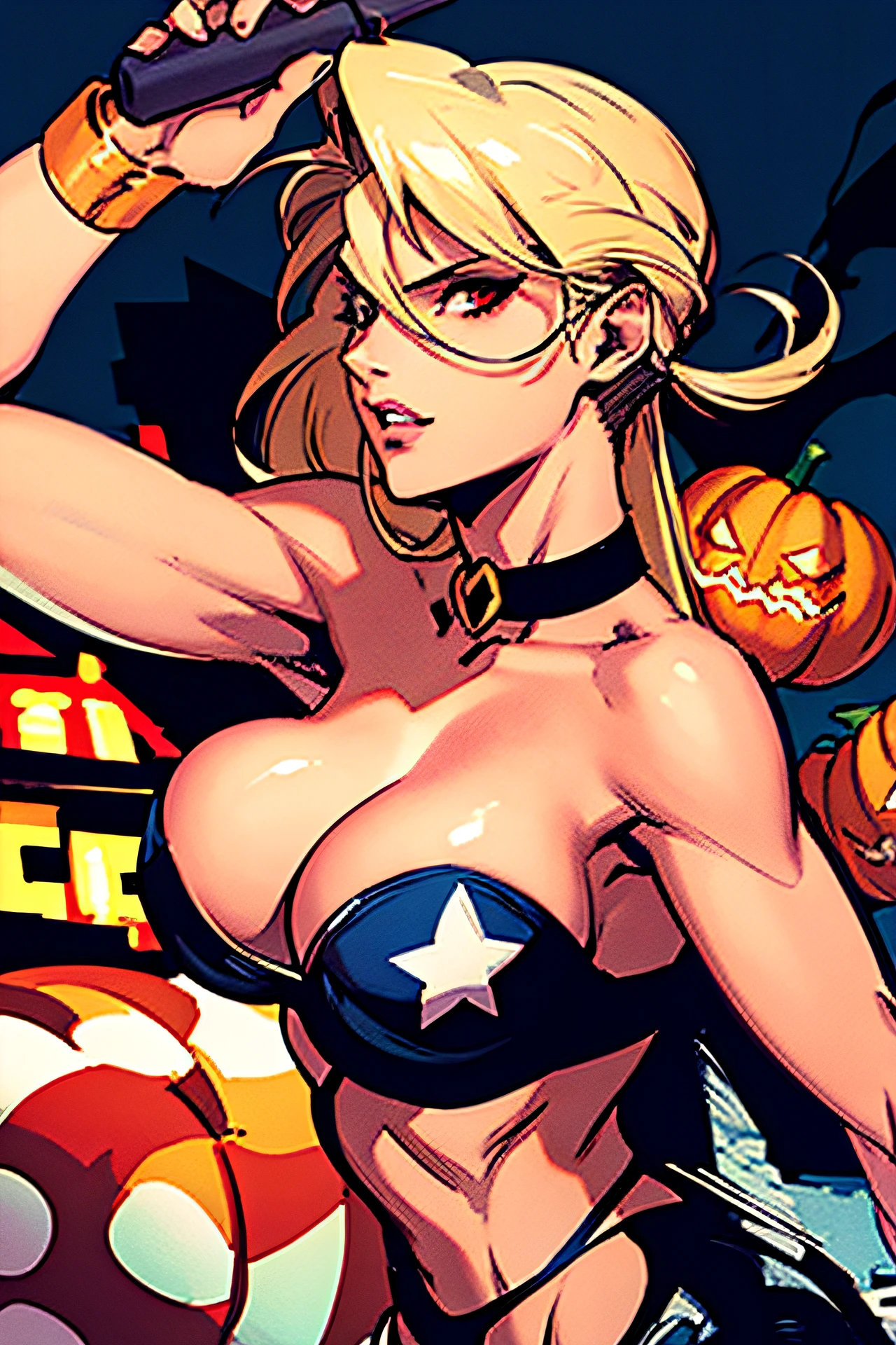 busty blonde, american flag bikini, choker, fighting evil pumpkin on Halloween night