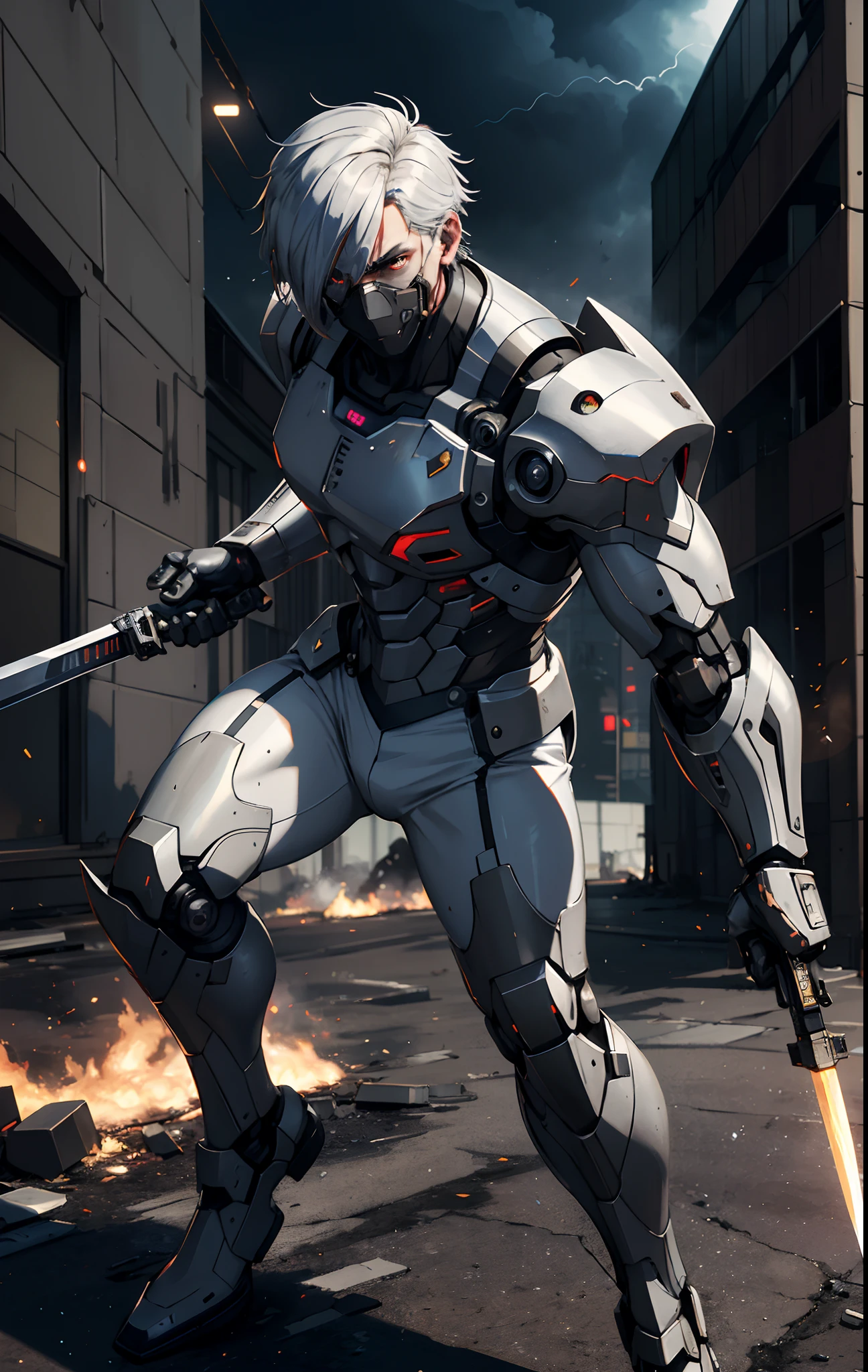(Best quality,4K,8K,A high resolution,Masterpiece:1.2),Ultra-detailed,On the battlefield,male anime character,Single male character,White trench coat,Black jeans,Silvery hair,Silver short bob hair,(Full body mechanical armor),Black and white pupils,Left-handed robotic arm,Holding a sword,lighting, Realistic lighting, Radio City,Particle rain,Realistic particles,Fighting posture,The power of destruction is under his control, attack pose, Scenery destroyed by smoke and fire,cyberpunk backgrouns