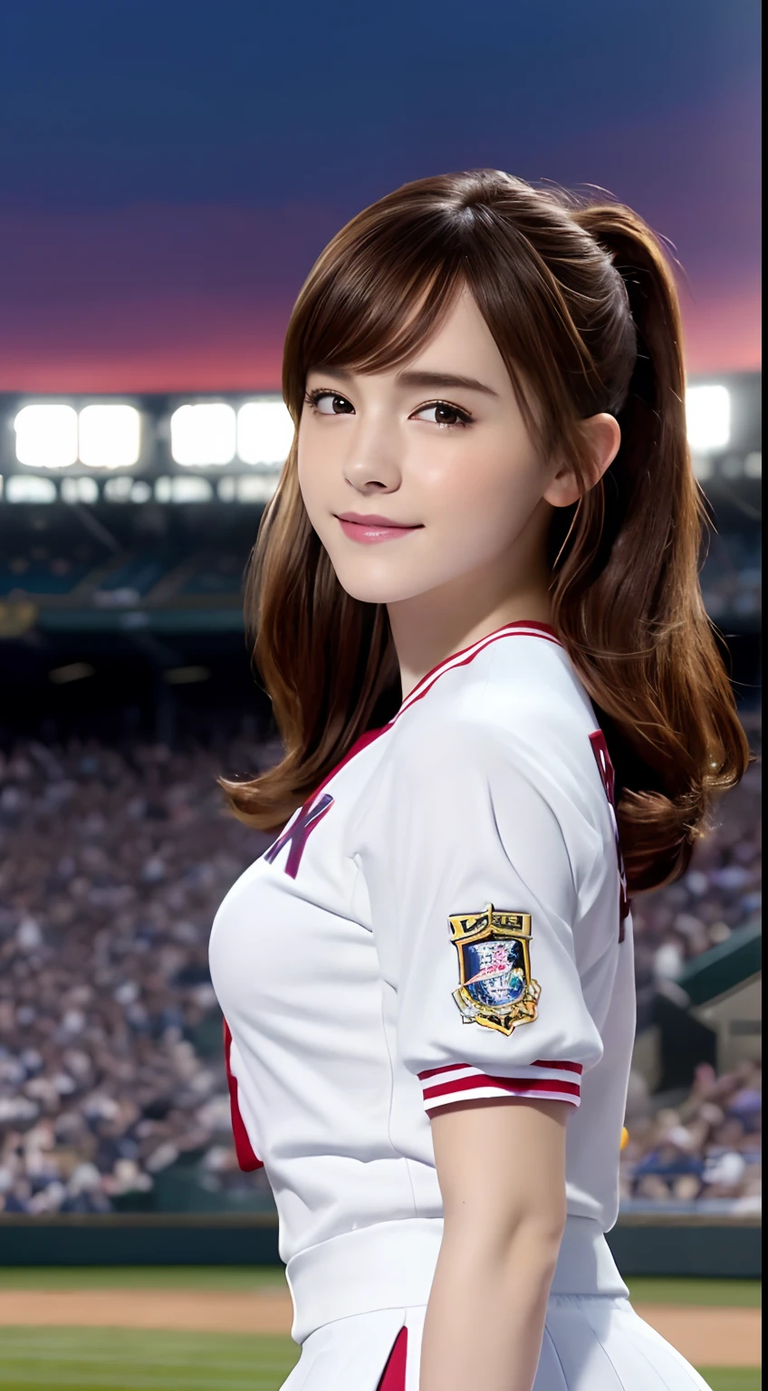 (A hyper-realistic), (hight resolution), (8K), (ighly detailed), (beatiful detailed eyes), (top-quality), (ultra-detailliert), (masterpiece), (A detailed face), softfocus、face of emma watson、Colossal tits、japanes、Wearing a cheerleader uniform、Outstanding smile、Background of the baseball stadium、a miniskirt、poneyTail