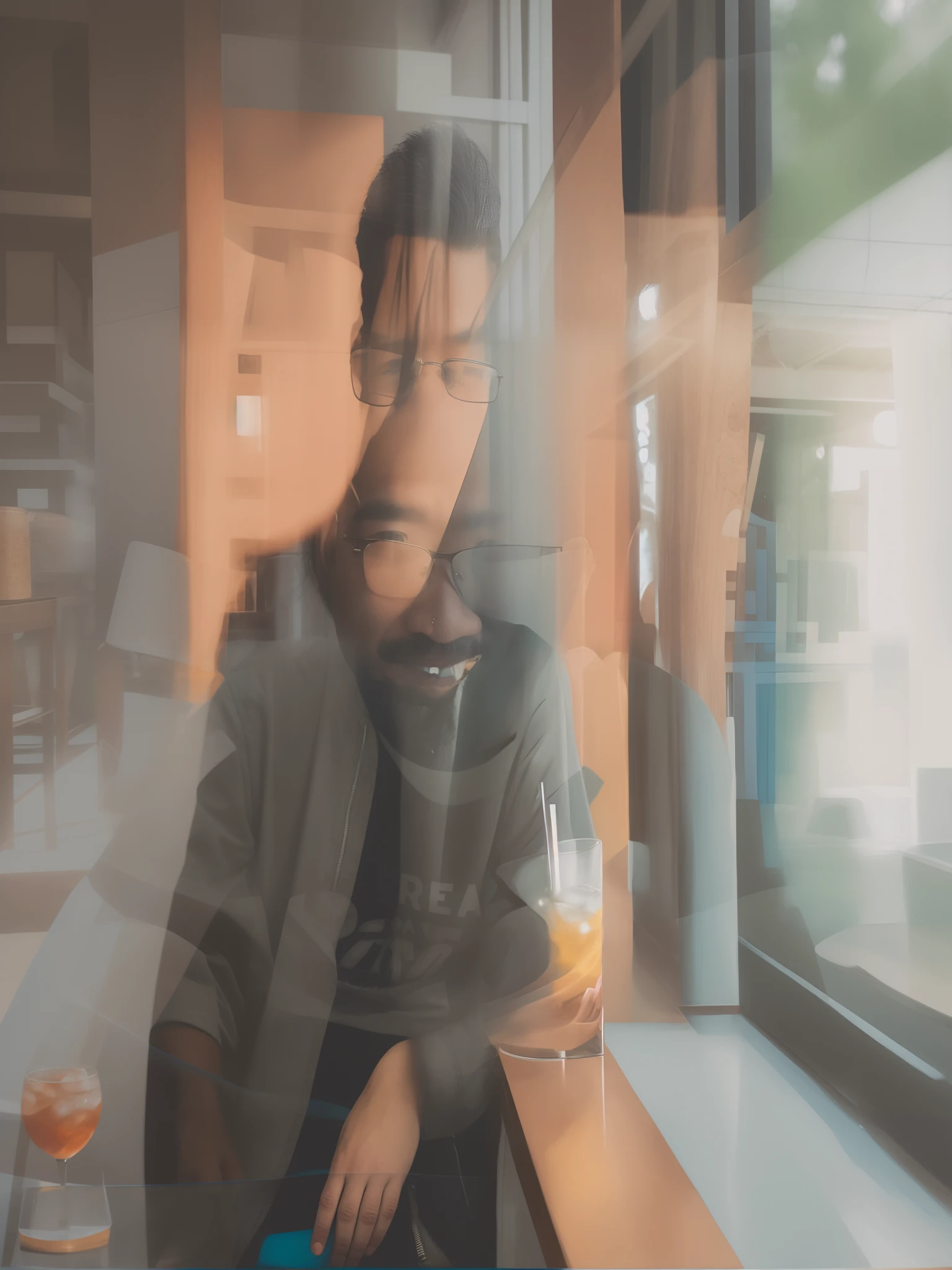 there is a man sitting at a table with a drink in front of him, john jude palencar, mid shot portrait, henry ascensio, ramil sunga, nivanh chanthara, darren quach, by Byron Galvez, inspired by Rudy Siswanto, with short hair, with sunglass