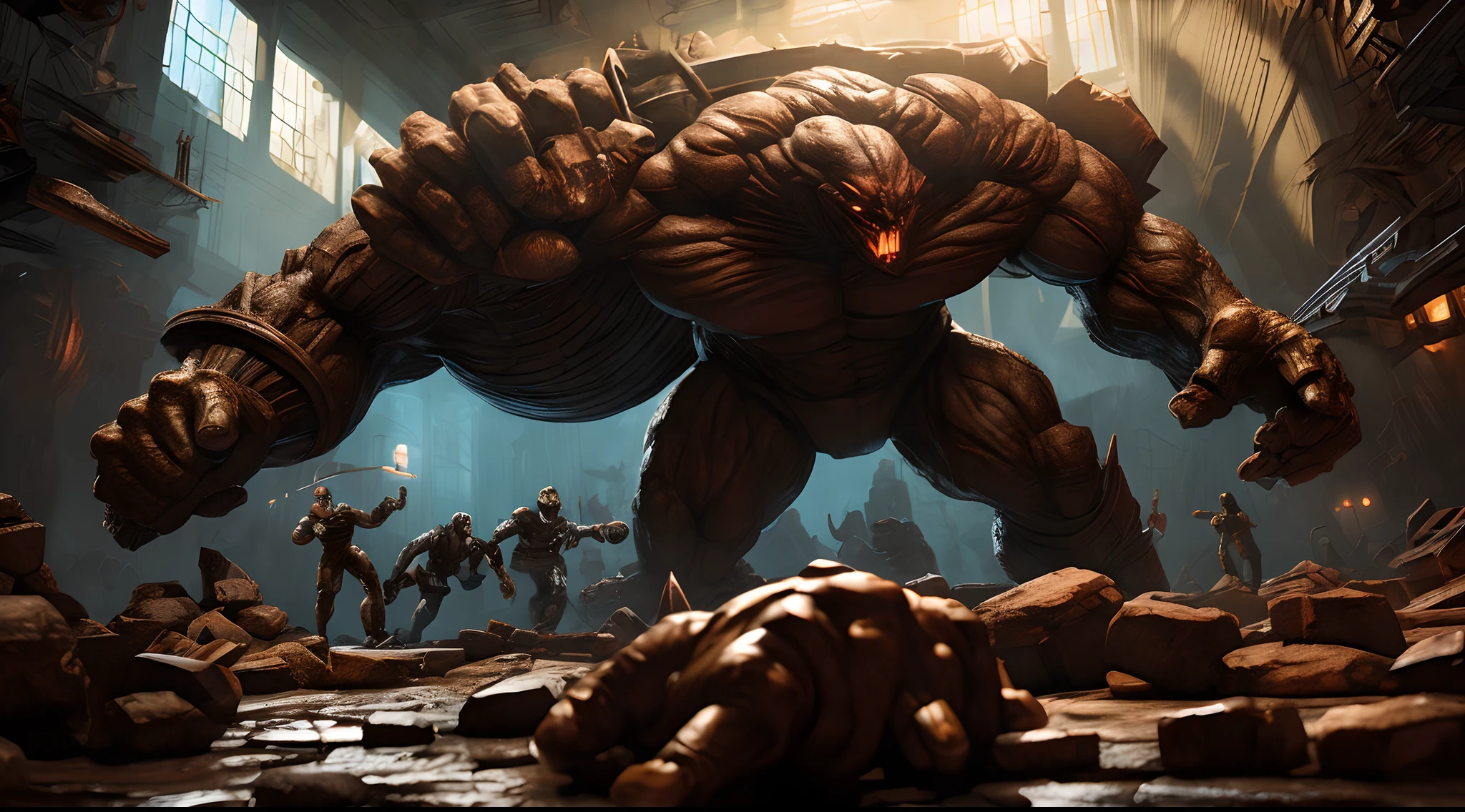 A heroic character with giant hands grabbing a monstrous enemy, arte de quadrinhos inspirado em Frank Miller, High-quality digital painting, Limited Edition poster, Collectible art, detalhes intrincados, Scenario of a laboratory, Perfect lighting and shadows, cores vibrantes, Action elements highlighting the scene, 8K
