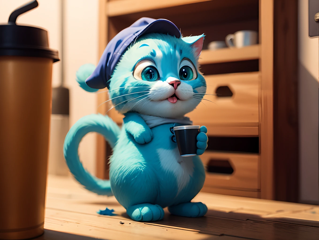 Smurf cat in street clothes with double cup full of lean