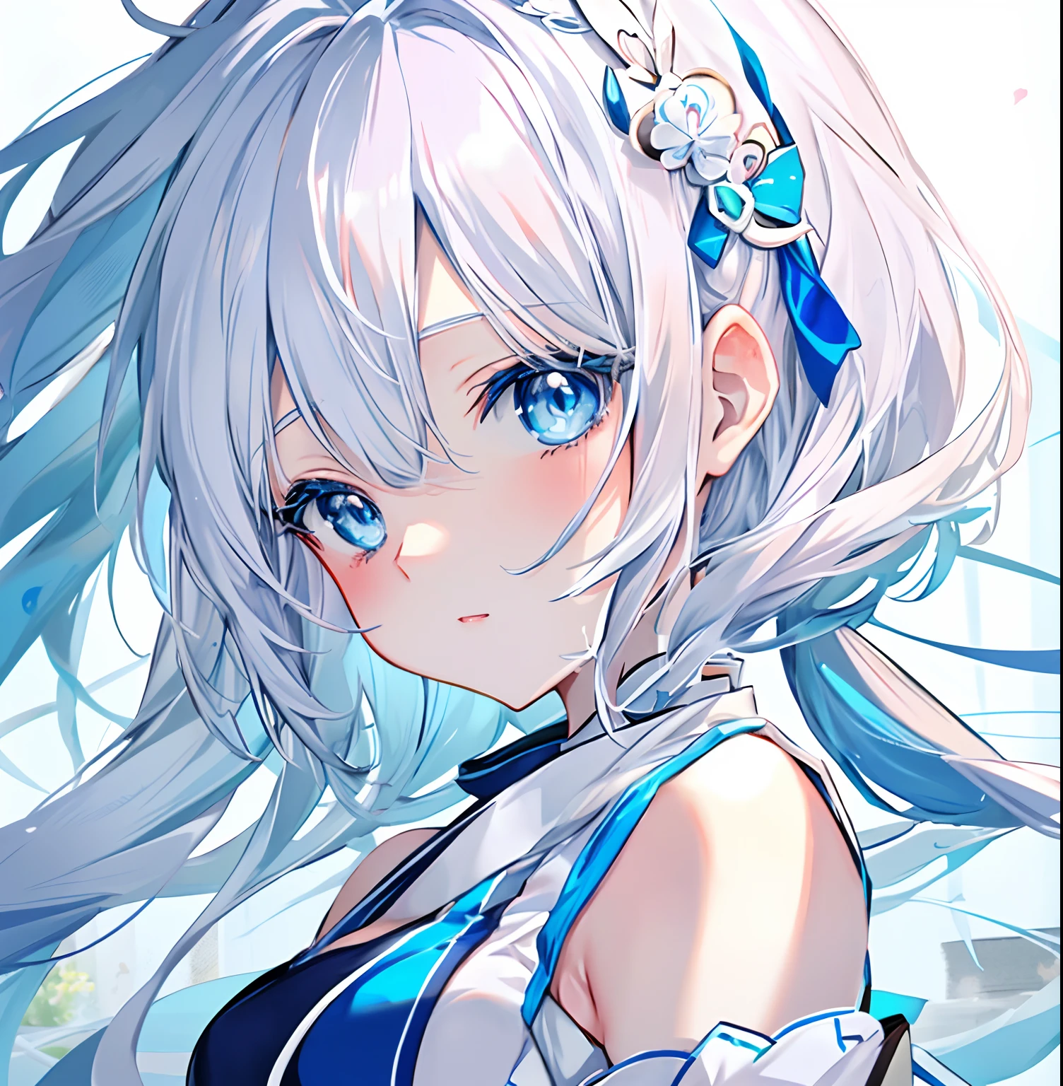 Anime girl with blue eyes and white hair, soft anime illustration, Cute anime face, Girl with white hair, extremely cute anime girl face, with index finger, In an anime style, anime style portrait, pale blue eyes, pale blue eyes!, white hair, In anime style, anime moe art style, Cerulean blue eyes、1人、girl with、1little girl、top-quality