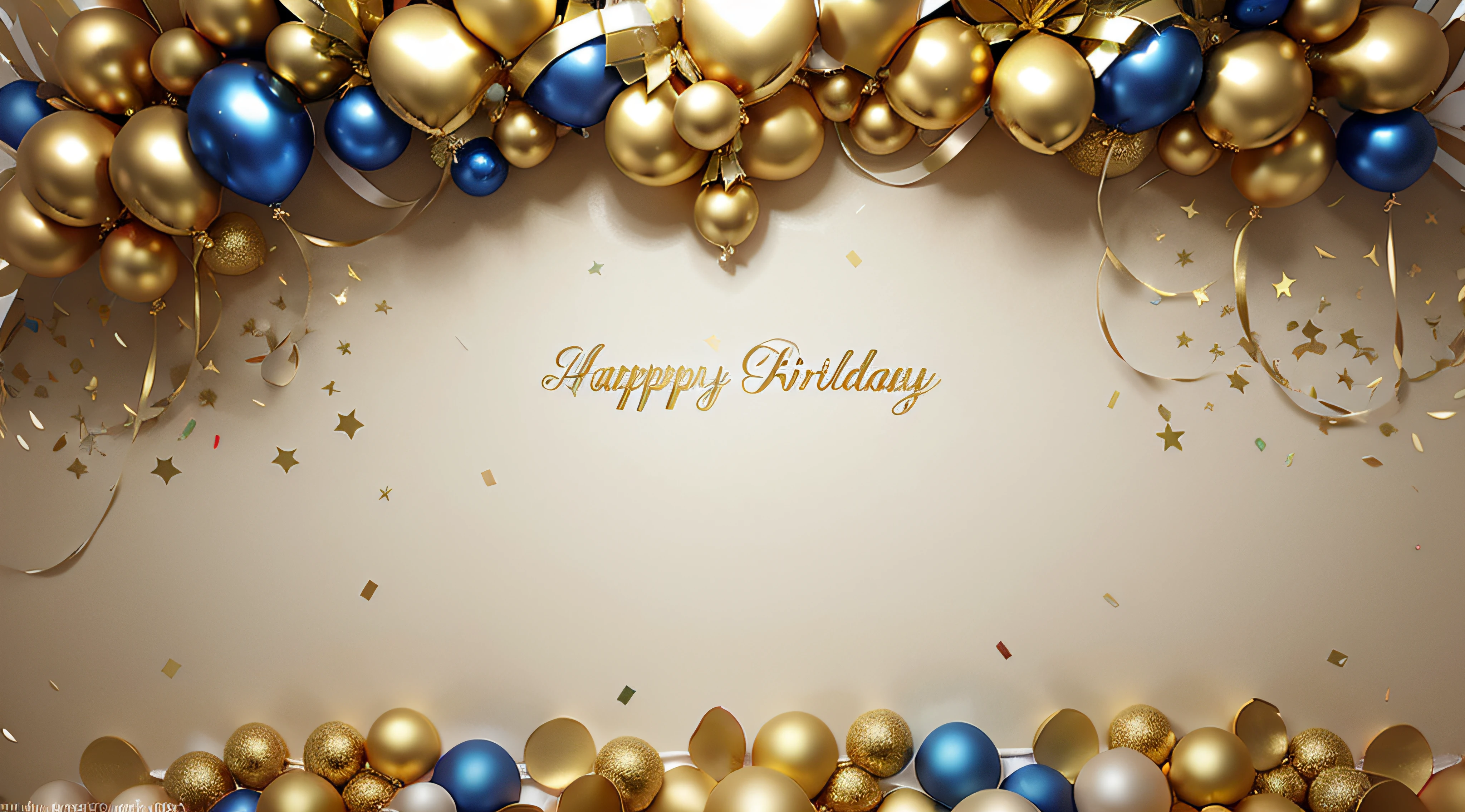 Holiday background with golden and blue metallic balloons, confetti and ribbons. Festive card for birthday party, anniversary, new year, christmas or other events.
