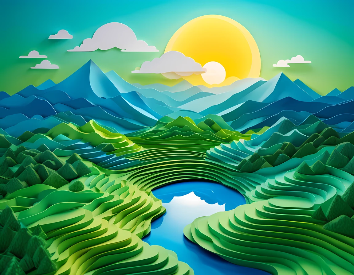 Beautiful layered paper art,Stack layers,Layers,arte em papel cortado,stacking,Hollow-out on,3D rendering,lighting,a sun,sky,Clouds,Mountains, waters,terraced,Paper material,Blue and green,Layered landscape,Hierarchical fields,Vivid colors, (Best quality,4K,A high resolution,Masterpiece),Ultra-detailed,(photo-realistic:1.3),轴对称:2