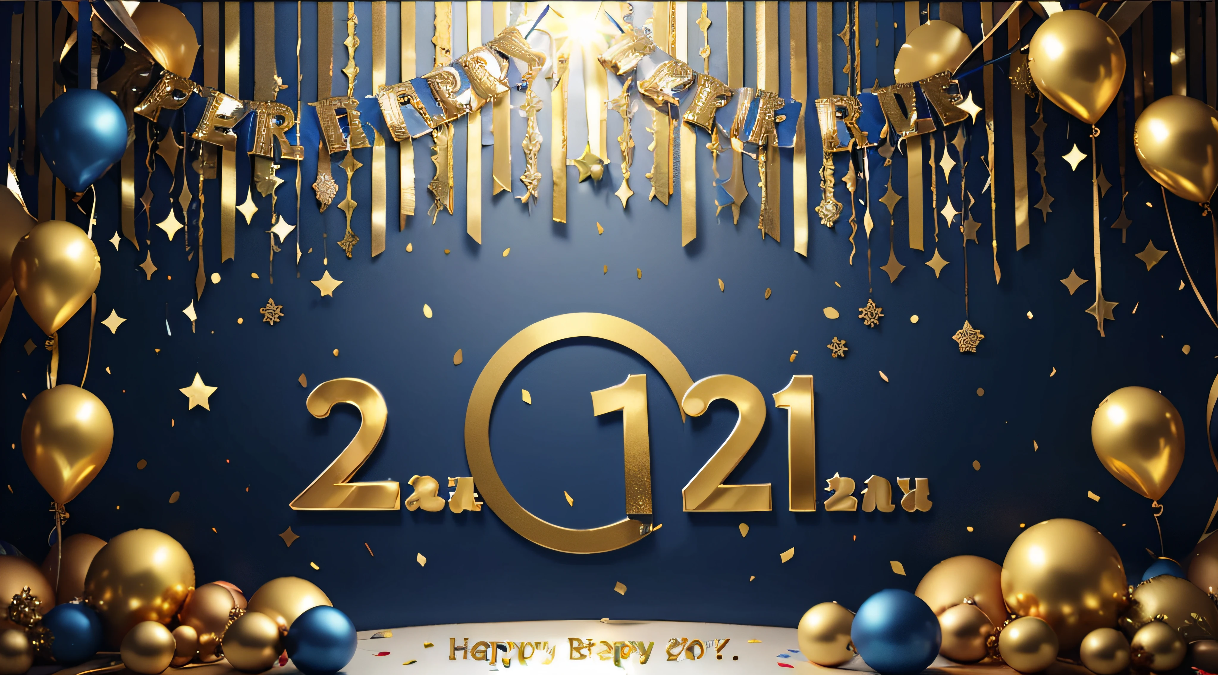 Holiday background with golden and blue metallic balloons, confetti and ribbons. Festive card for birthday party, anniversary, new year, christmas or other events.