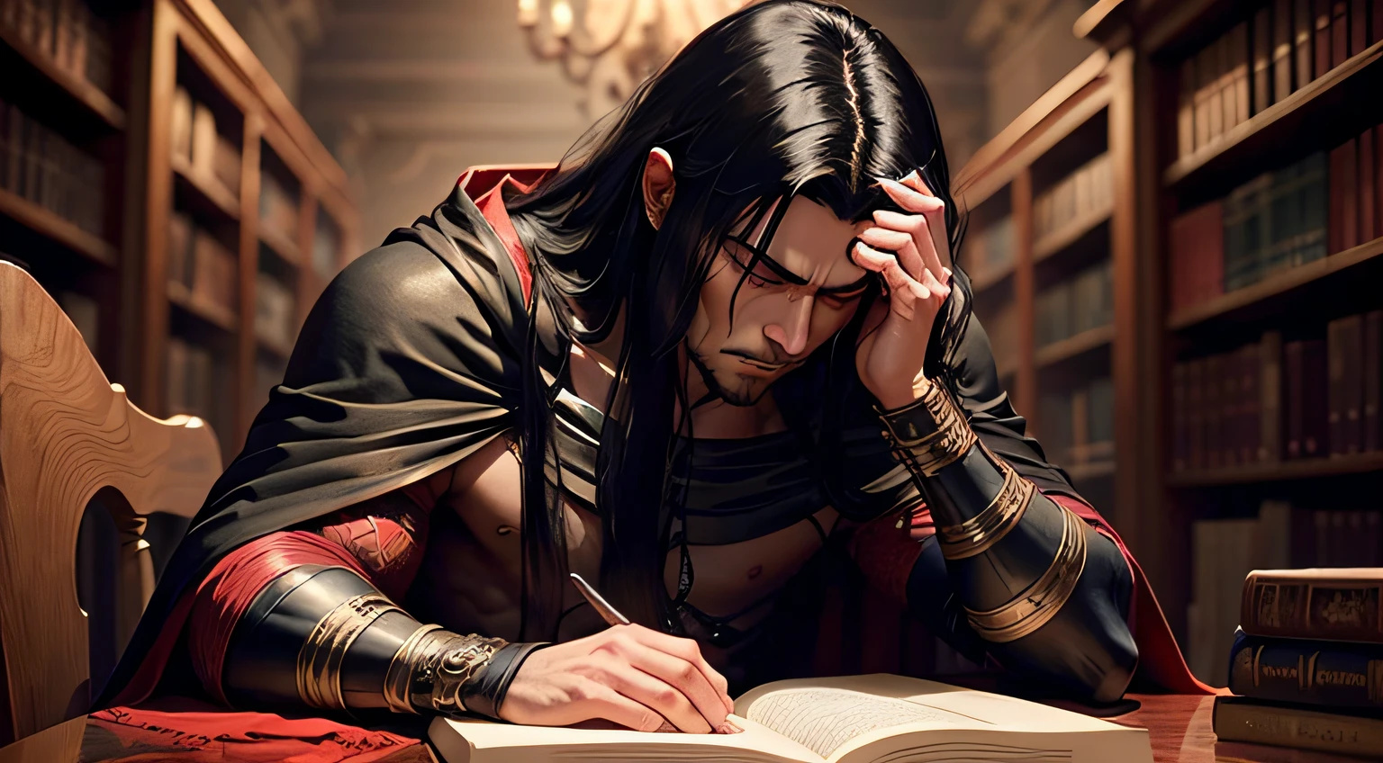 dark muscular male evil lord with long black hair wearing black and red cloak sitting in a library with his hands on his face, depression sad expression, sadness