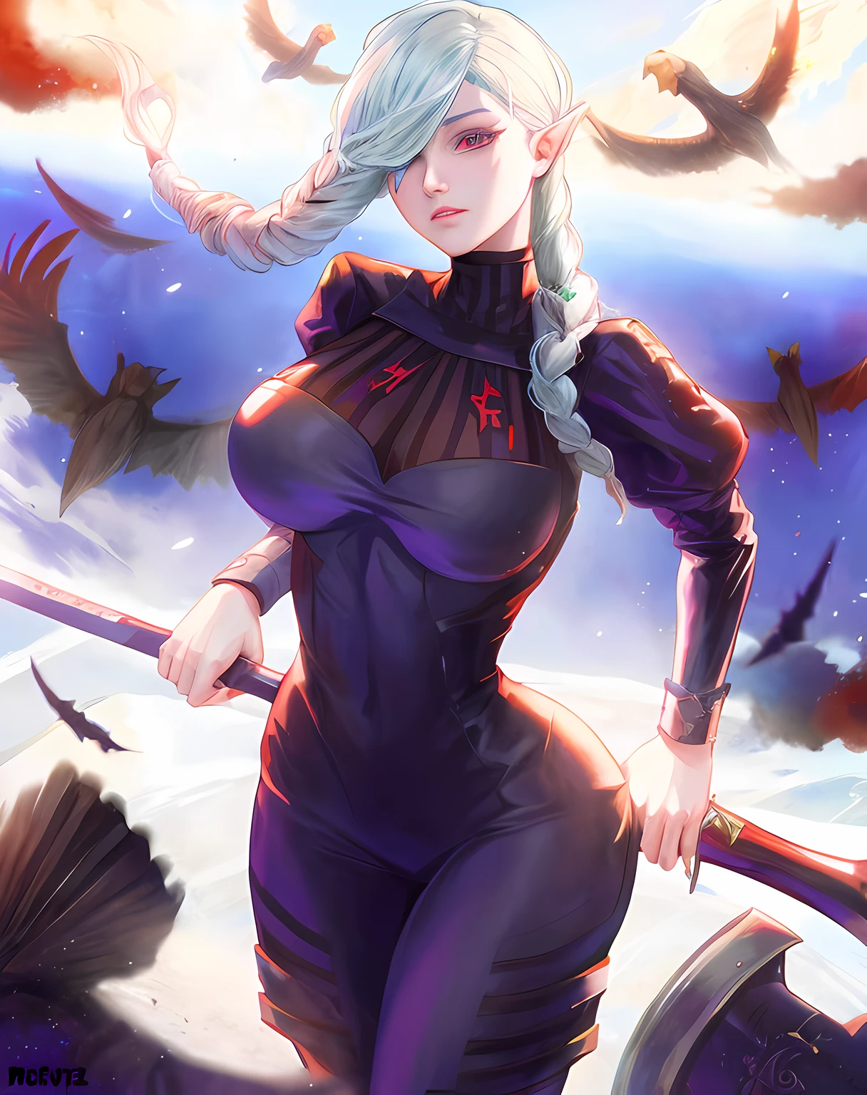 anime girl with long white hair and a sword in a field, v from devil may cry as an elf, morrigan, highly detailed exquisite fanart, epic digital art illustration, detailed fanart, inspired by Li Chevalier, sky witch, digital art on pixiv, demon slayer rui fanart, commission for high res, 2 b, 2b, epic fantasy art style