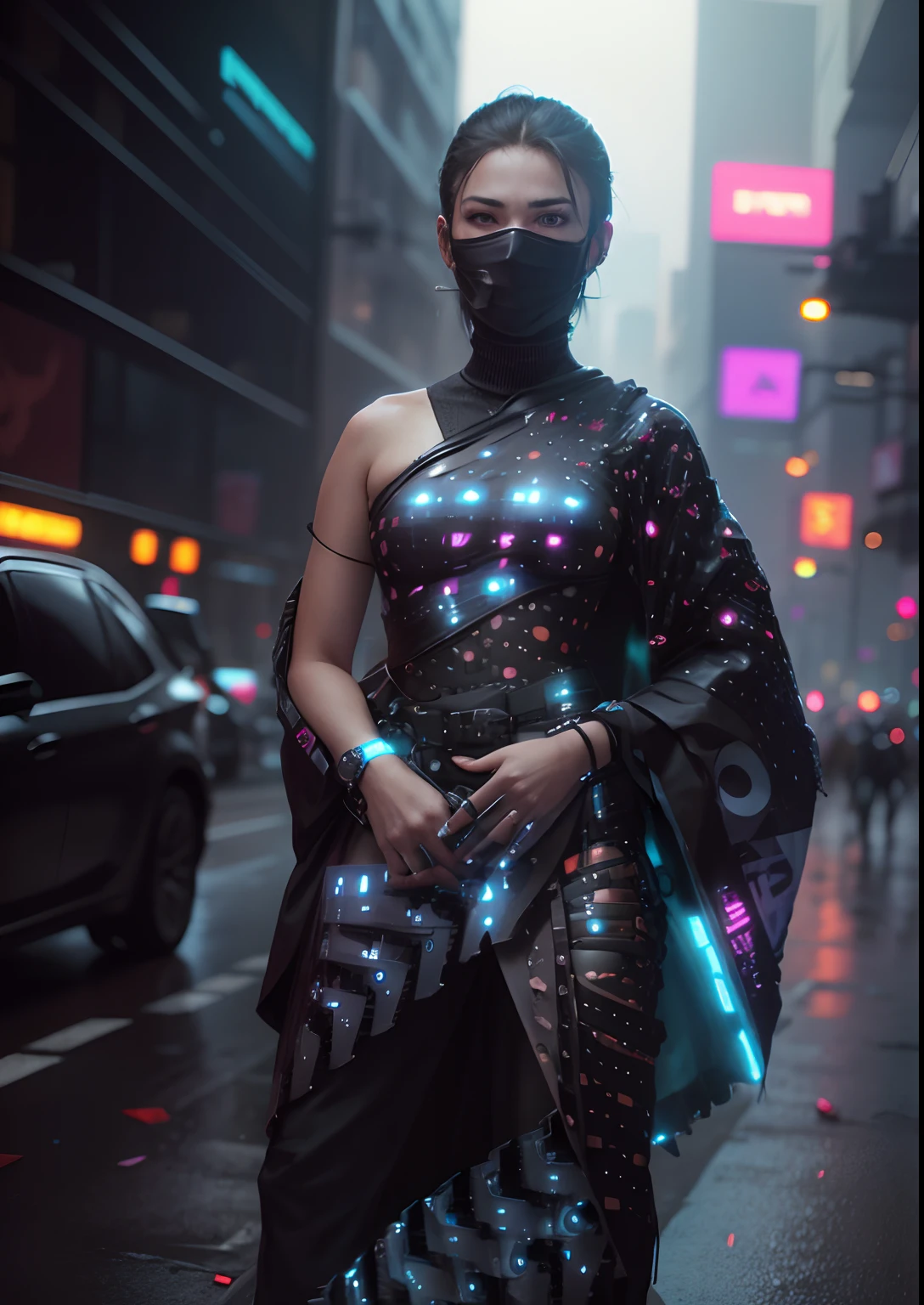 Change background and clothes, cyberpunk, UHD, 8K Resulation, ultra realistic
