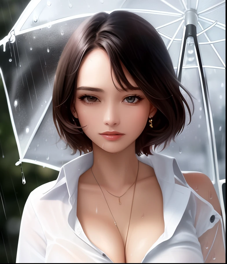 ((Best quality, 8k, Masterpiece: 1.3)), Sharp focus: 1.2, A beautiful woman with perfect body: 1.4, Slim abdomen: 1.2, ((Layered haircut, Large breasts: 1.2)), (no bra) (Small and beautiful hard nipple) (Thin and damp button up to shirt length: 1.1), (White shirt wet by rain), (Rain, Street: 1.2), Wet body: 1.1, Highly detailed face and skin texture,  Detailed eyes, Double eyelid, tanned skin, sexy, tan, dark skin, tanned body, exposed shoulders, cleavage
