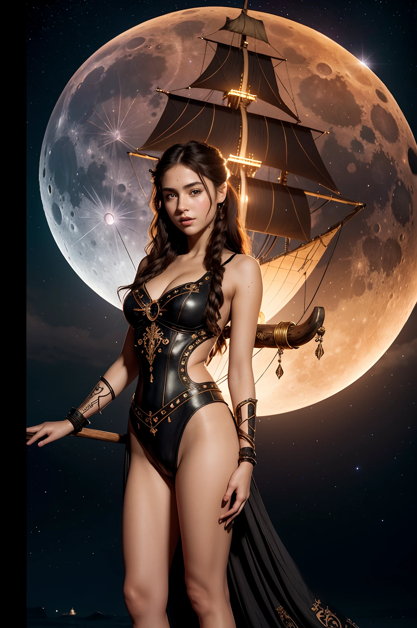 Pyrography style, wood burned, Full body portrait of Moonlit Pirate Maiden , detailed face, sharp focus on faces, high quality, 8K Ultra HD, highly detailed, a mesmerizing 18-year-old girl with an ethereal beauty that rivals the stars. She wears delicate pajama. She stands at the prow of the majestic pirate ship, her silhouette outlined against the twinkling night sky on the moon-like planet, The ship itself is a breathtaking masterpiece, adorned with intricate carvings, gleaming brass fittings, and an array of mystical symbols,. She is illuminated by moonlight.