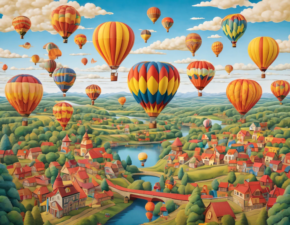 Beautiful layered paper art,Stack layers,Layers,arte em papel cortado,stacking,Hollow-out on,3D rendering,a hot air balloon festival. The composition showcases a multitude of colorful hot air balloons floating in the sky, creating a vibrant and enchanting scene. The use of perspective and playful details adds depth and visual interest to the artwork, evoking a sense of joy and adventure. Renowned illustrator Mary GrandPré skillfully captures the magical atmosphere of this whimsical hot air balloon festival in this delightful image