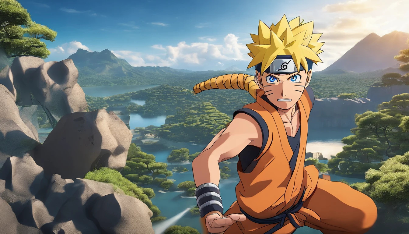 Naruto's life journey, from a young ninja with a dream to a powerful hero. Showcase key milestones and challenges in his life, symbolizing his path to greatness, Charismatic and decisive expression, Headband with the Konoha symbol, spiky blonde hair, bright blue eyes, Orange jumpsuit, Energetic pose, Shadow clones in the background, intense battle scene, Dynamic action, Powerful rasengan, Dramatic Lighting, Vivid colors, Detailed background,  (Best Quality, 4K, hight resolution), [Realistic], Matte finish, Vibrant color palette.